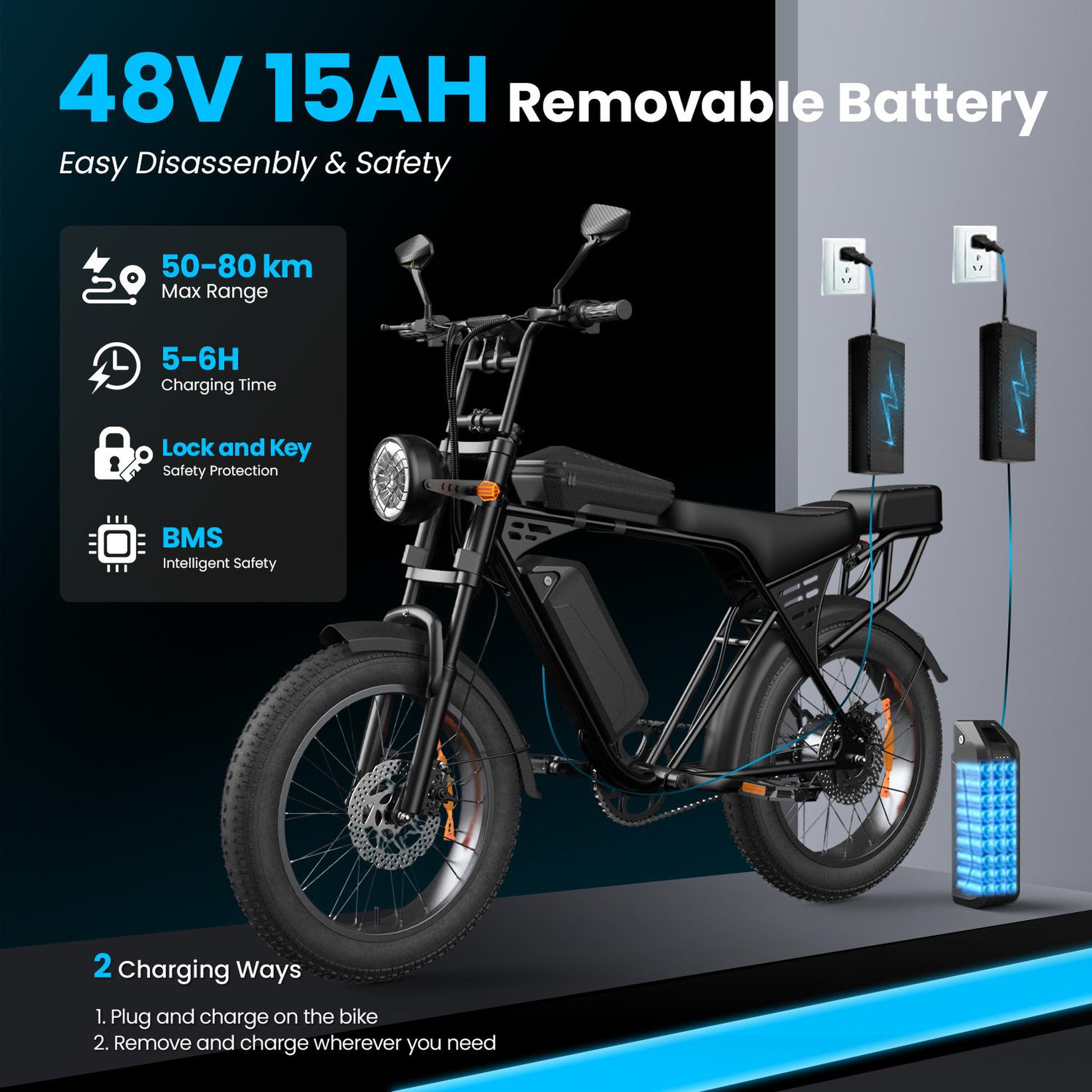 Voir la diapositive 6 : AAIRSK Vélo électrique 20  aairsk x5 fat bike – batterie amovible 48 v 250 w 15 ah, noir