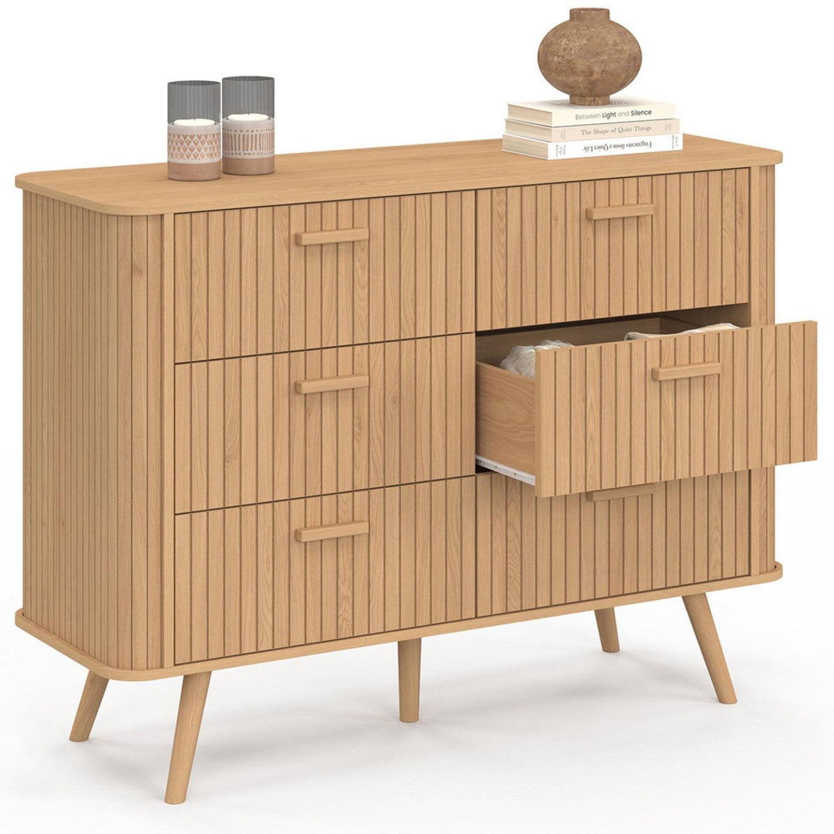 ID MARKET Commode 6 tiroirs ROMIE 110 cm lattes tasseau bois coloris chêne