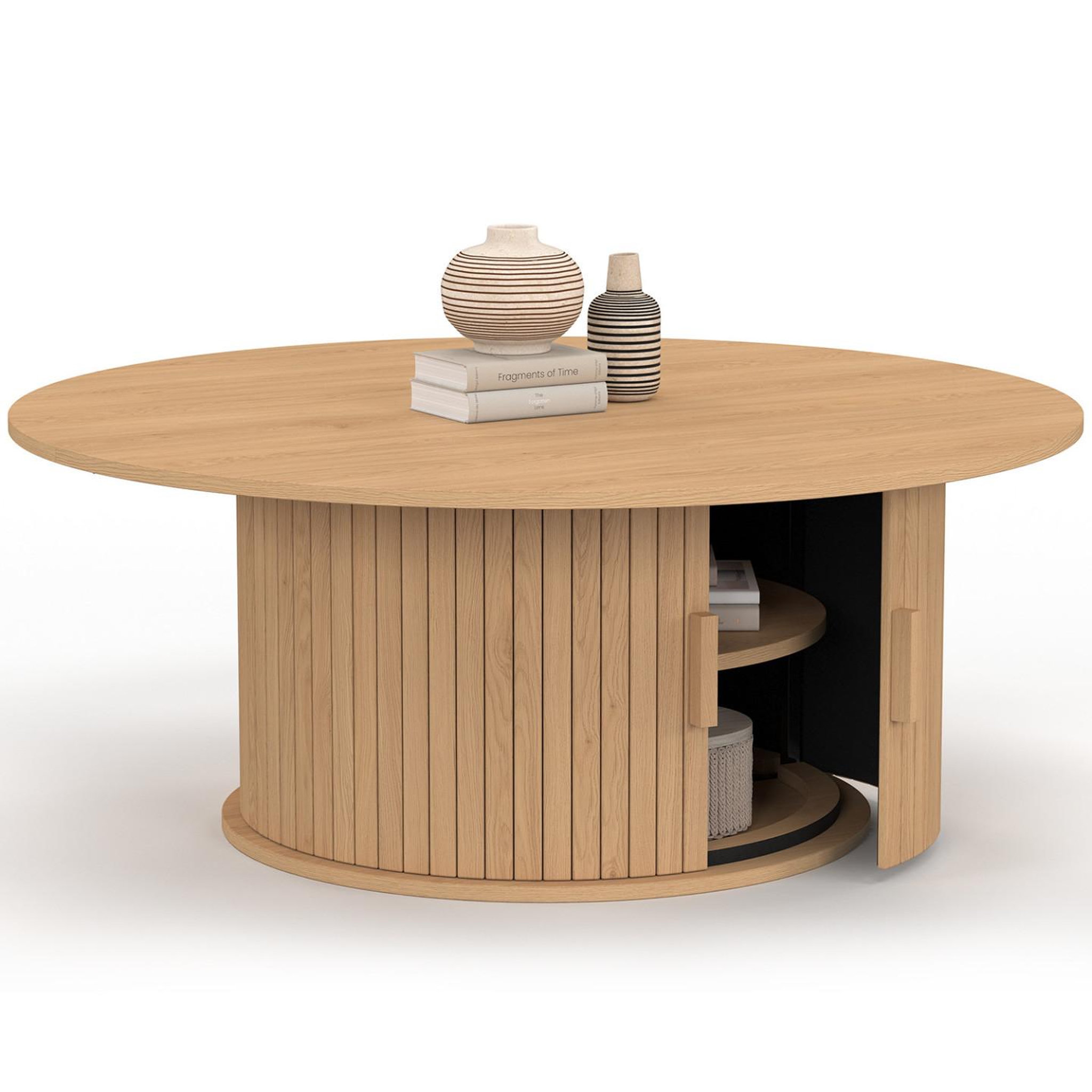 ID MARKET Table basse ronde juliette 100 cm avec rangement lattes tasseau bois coloris chêne