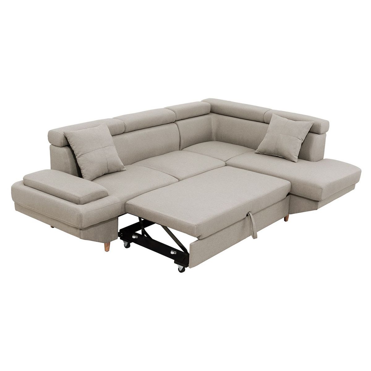 Canapé d'angle droit convertible 5 places tissu pieds bois clair MARIUS 