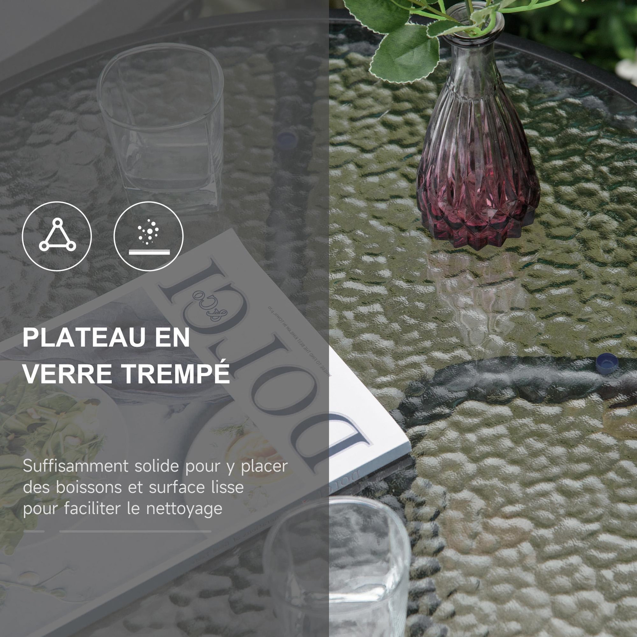 Voir la diapositive 5 : OUTSUNNY Ensemble de jardin 3 pièces 2 chaises inclinables multi-positions pliables + table ronde verre trempé métal époxy textilène gris