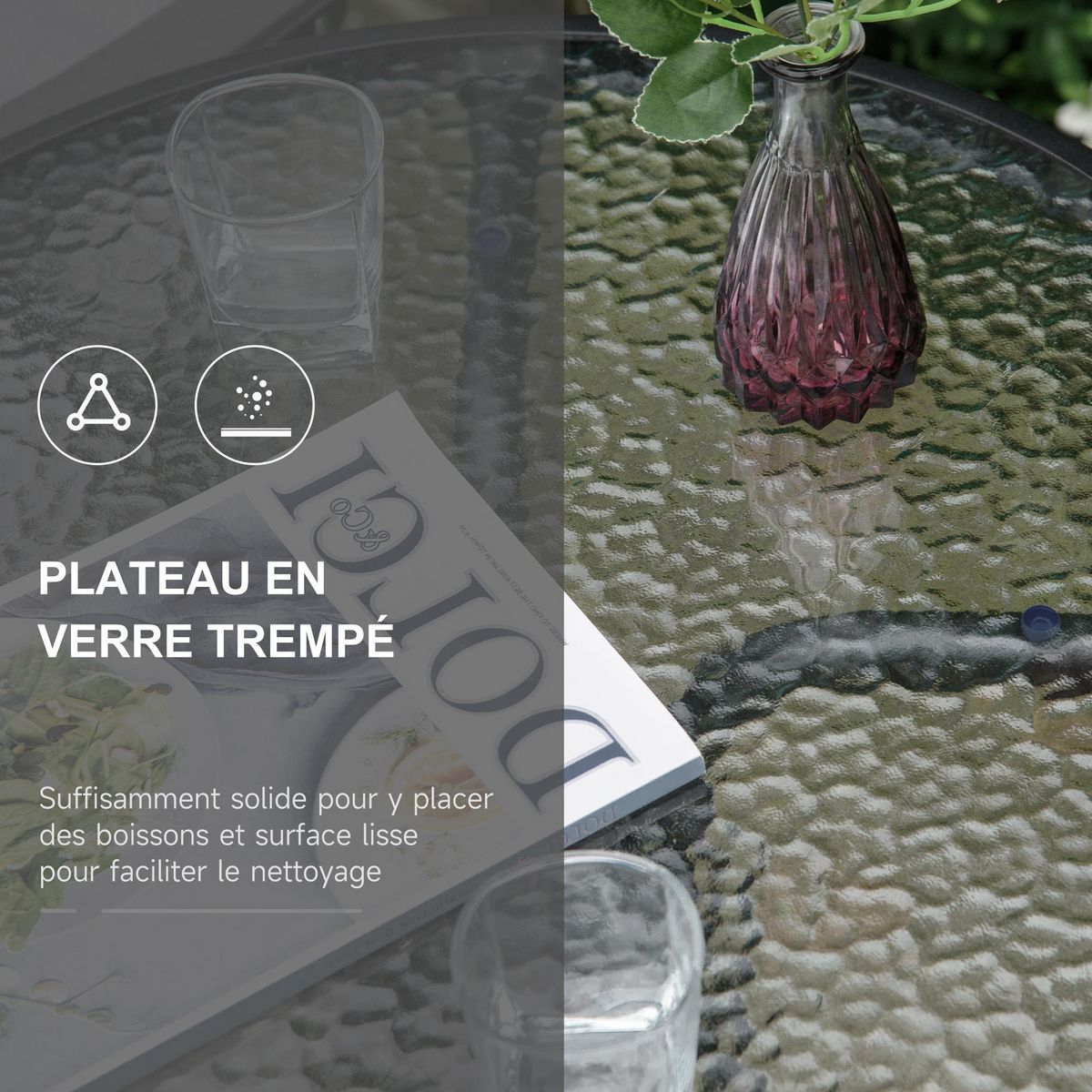 OUTSUNNY Ensemble de jardin 3 pièces 2 chaises inclinables multi-positions pliables + table ronde verre trempé métal époxy textilène gris