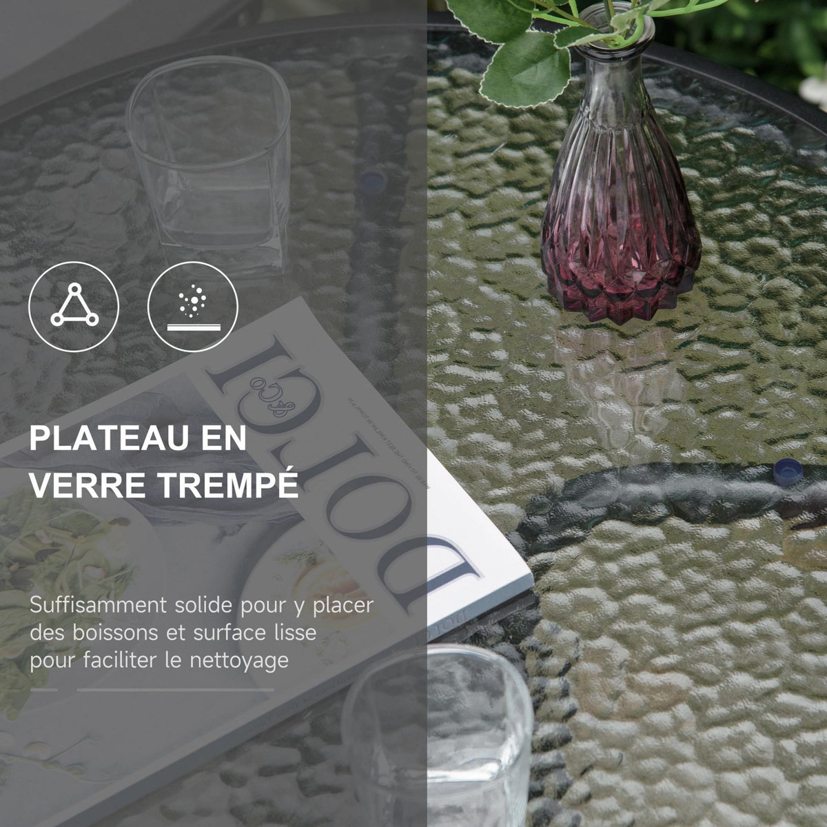 OUTSUNNY Ensemble de jardin 3 pièces 2 chaises inclinables multi-positions pliables + table ronde verre trempé métal époxy textilène gris