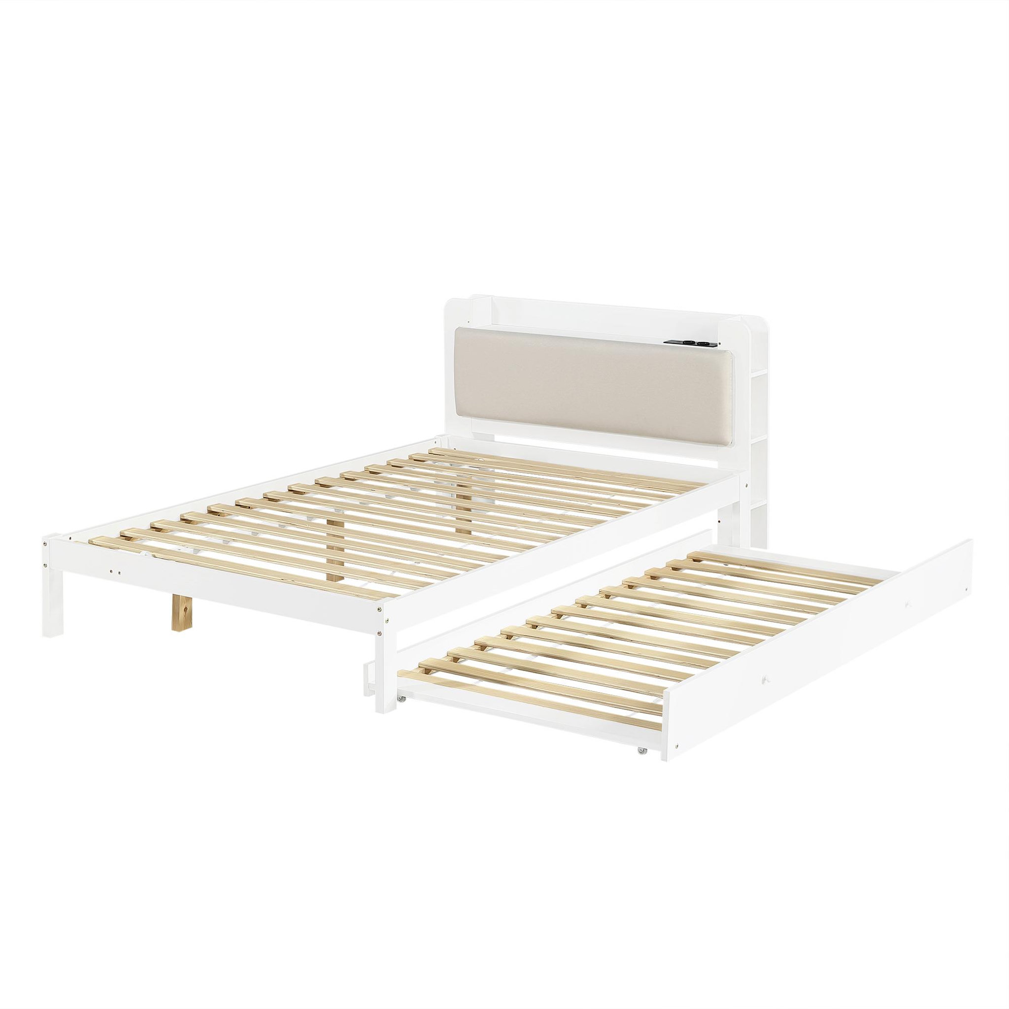 Voir la diapositive 4 : MERAX Lit gigogne 120x200 cm avec lit tiroir 90x190 cm tête de lit rembourrée rangement blanc
