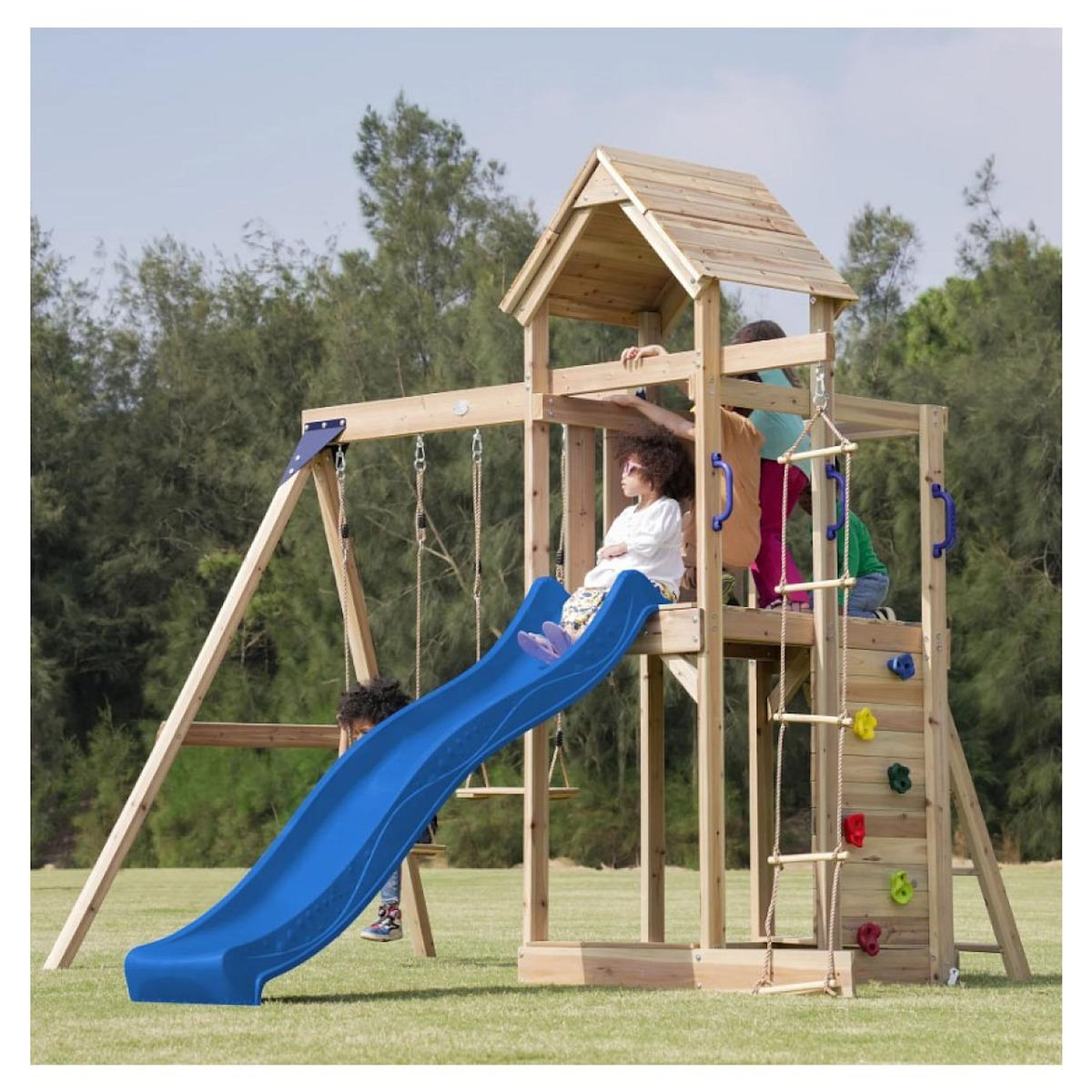 Axi House Portique  Moos 2 balançoires + échelle toboggan bleu