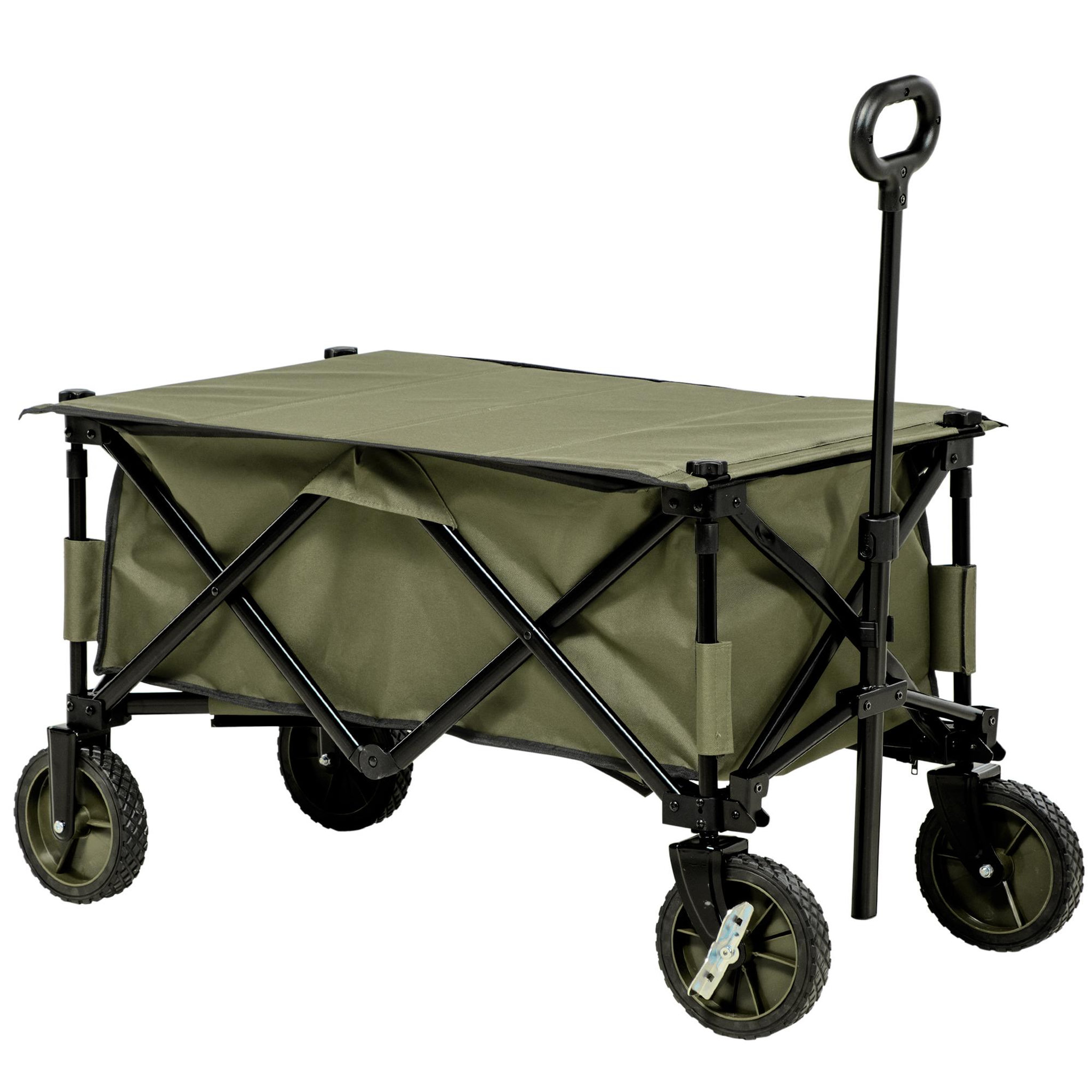 OUTSUNNY Chariot de jardin pliable 4 roues - bâche amovible, poignée télescopique réglable, 5 pochettes rangement - acier polyester kaki