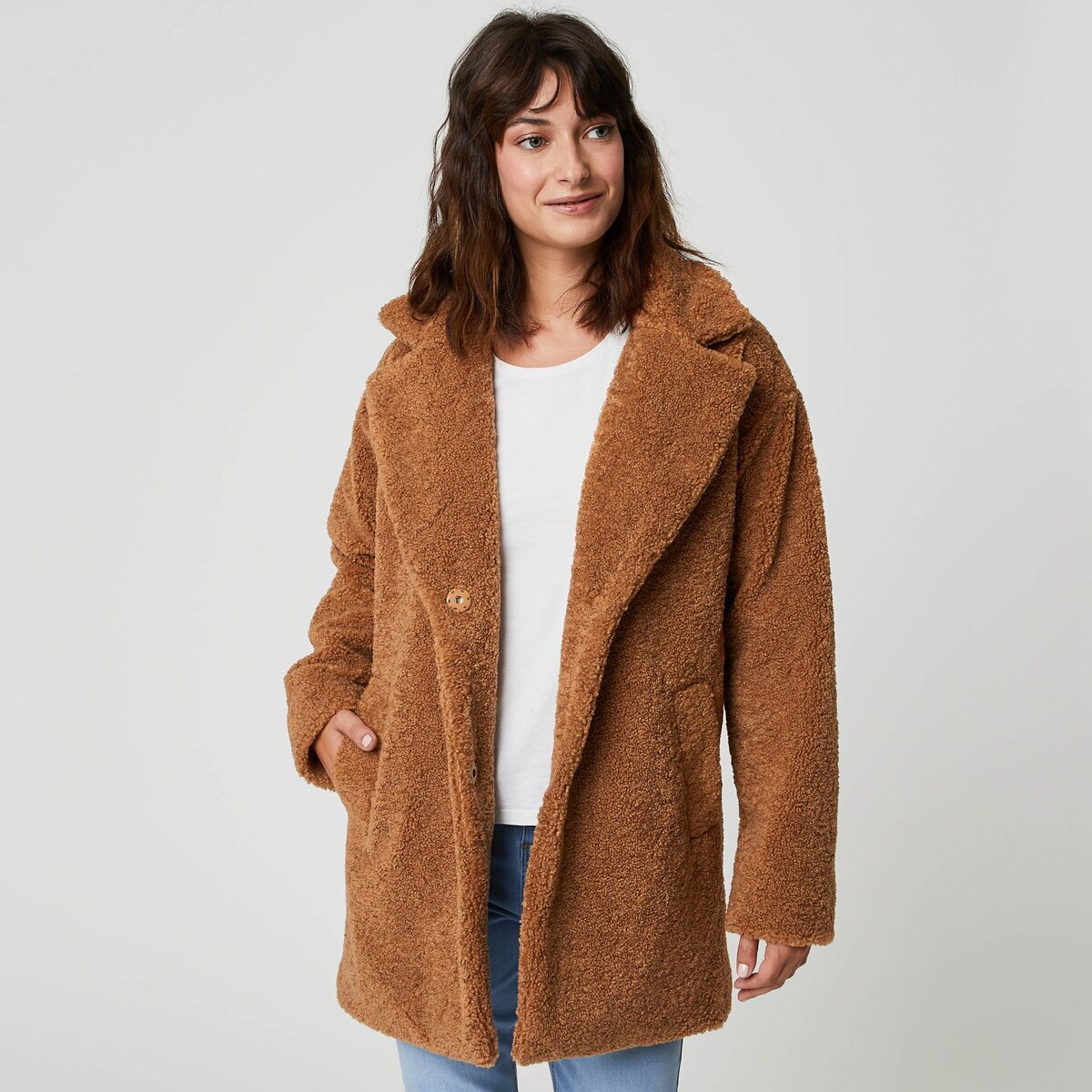 INEXTENSO Veste imitation peau de mouton beige camel femme pas