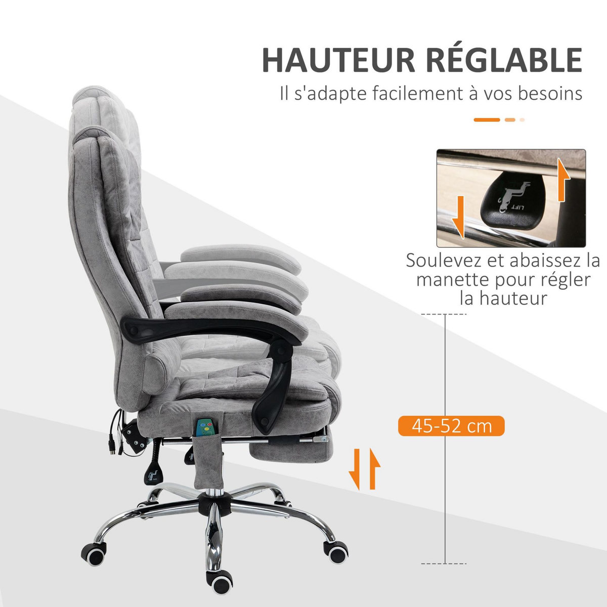 VINSETTO Fauteuil de bureau direction massant chauffant hauteur réglable dossier inclinable repose-pied rétractable tissu technique gris
