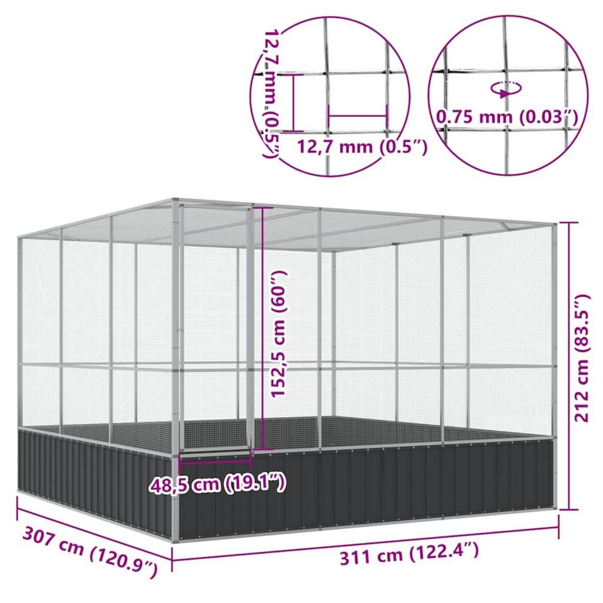 VIDAXL Voliere argente 311x307x212 cm acier