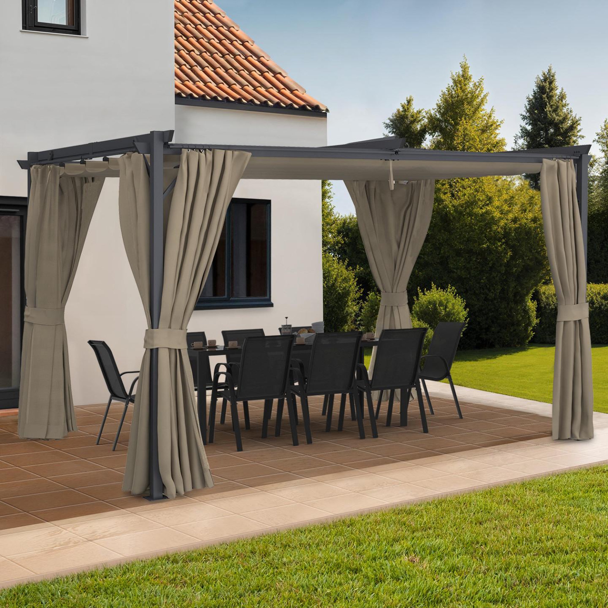 Voir la diapositive 4 : ID MARKET Pergola édition intégrale moustiquaire toit rétractable 3x4 m et 4 rideaux taupe