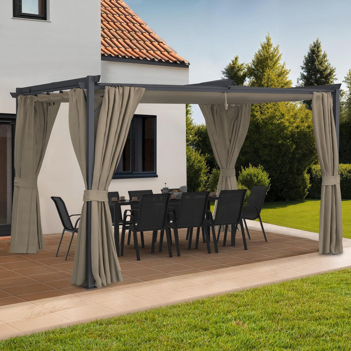 ID MARKET Pergola édition intégrale moustiquaire toit rétractable 3x4 M et 4 rideaux taupe