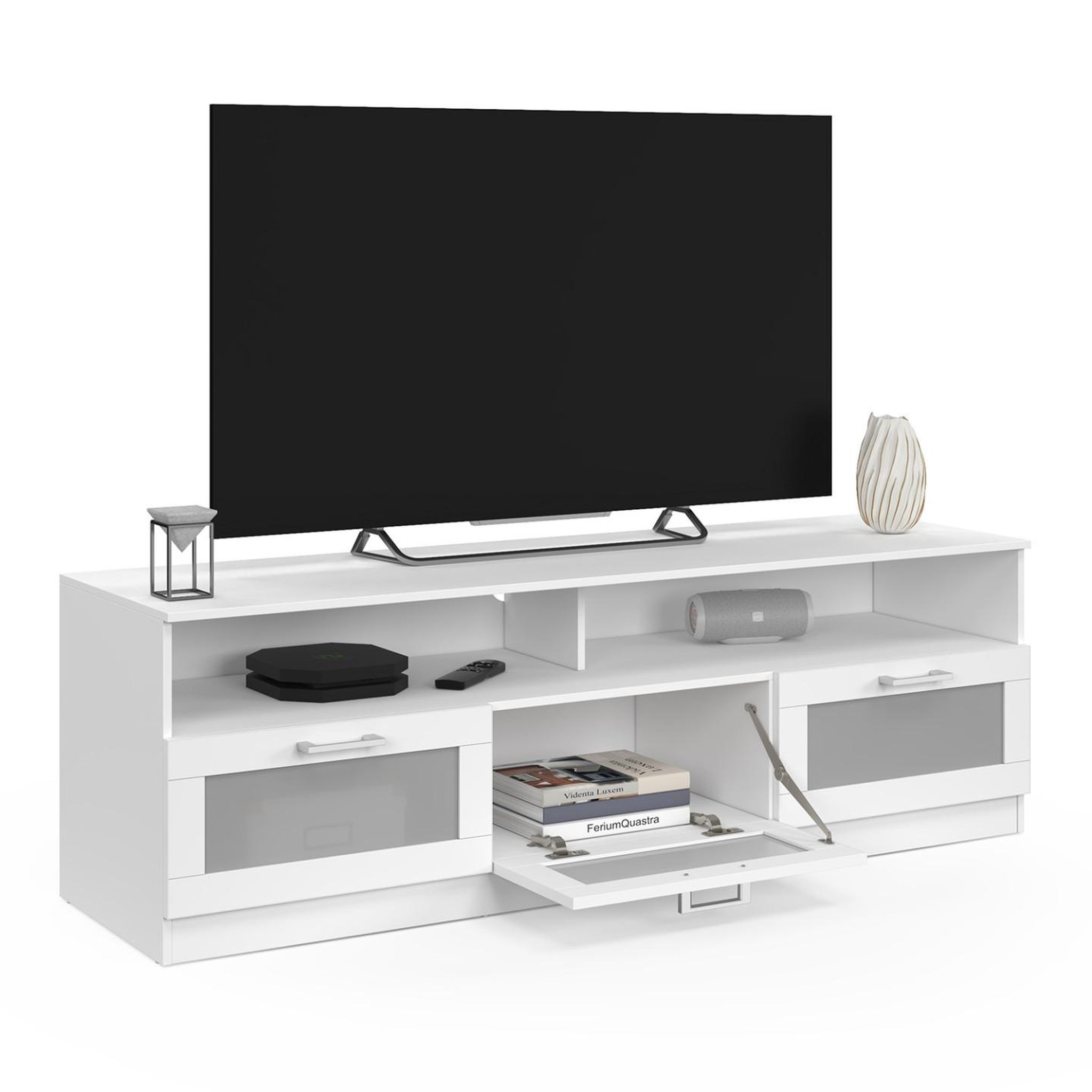 Voir la diapositive 4 : ID MARKET Meuble tv 140 cm vito portes givrées blanc