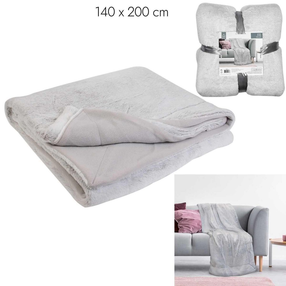 TOILINUX Plaid imitation fourrure XXL - 140x200cm - Gris