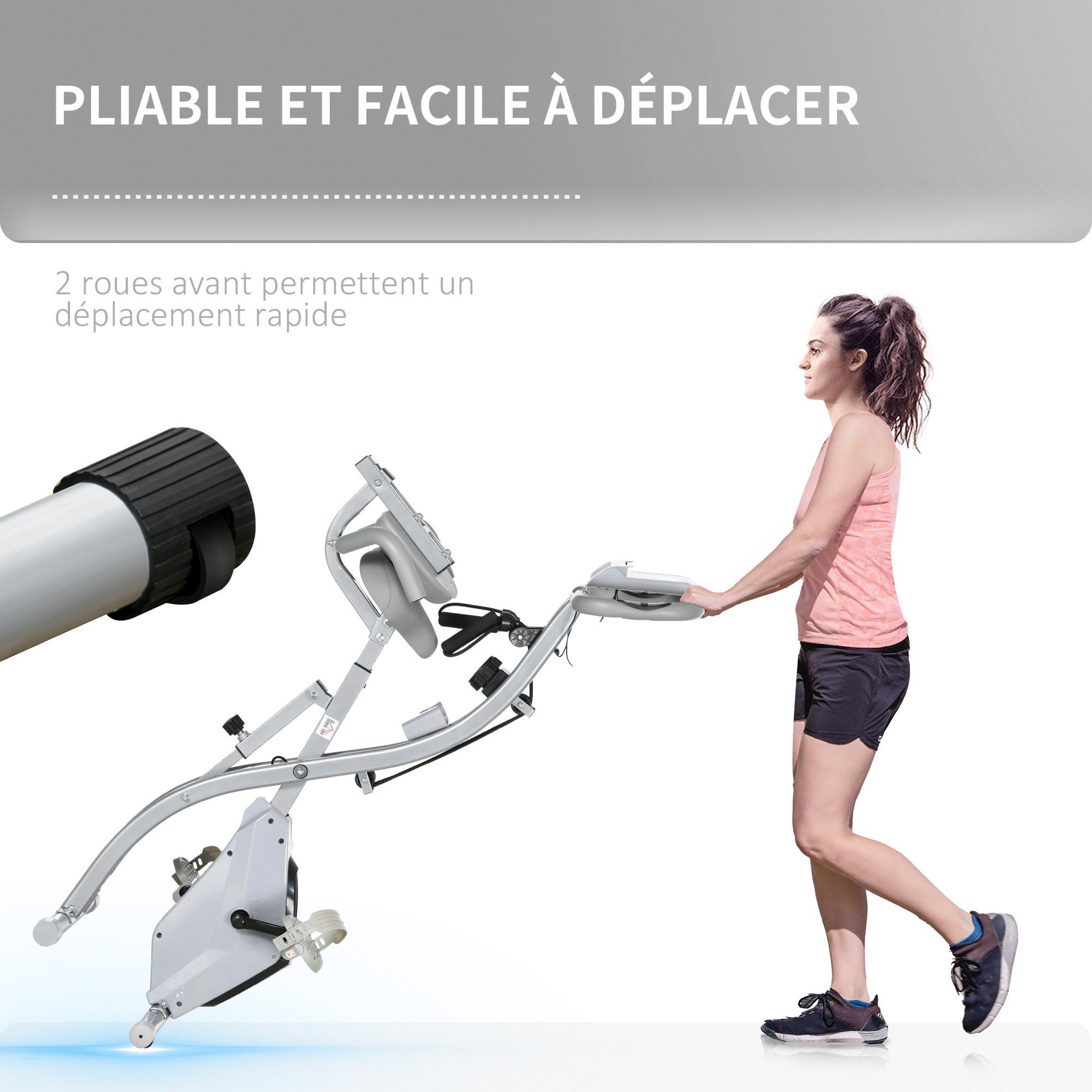 Voir la diapositive 5 : HOMCOM Vélo d'appartement pliant 8 niveaux de résistance magnétique dossier selle réglable poignées ergonomiques écran LCD multifonction suspensions support tablette acier gris