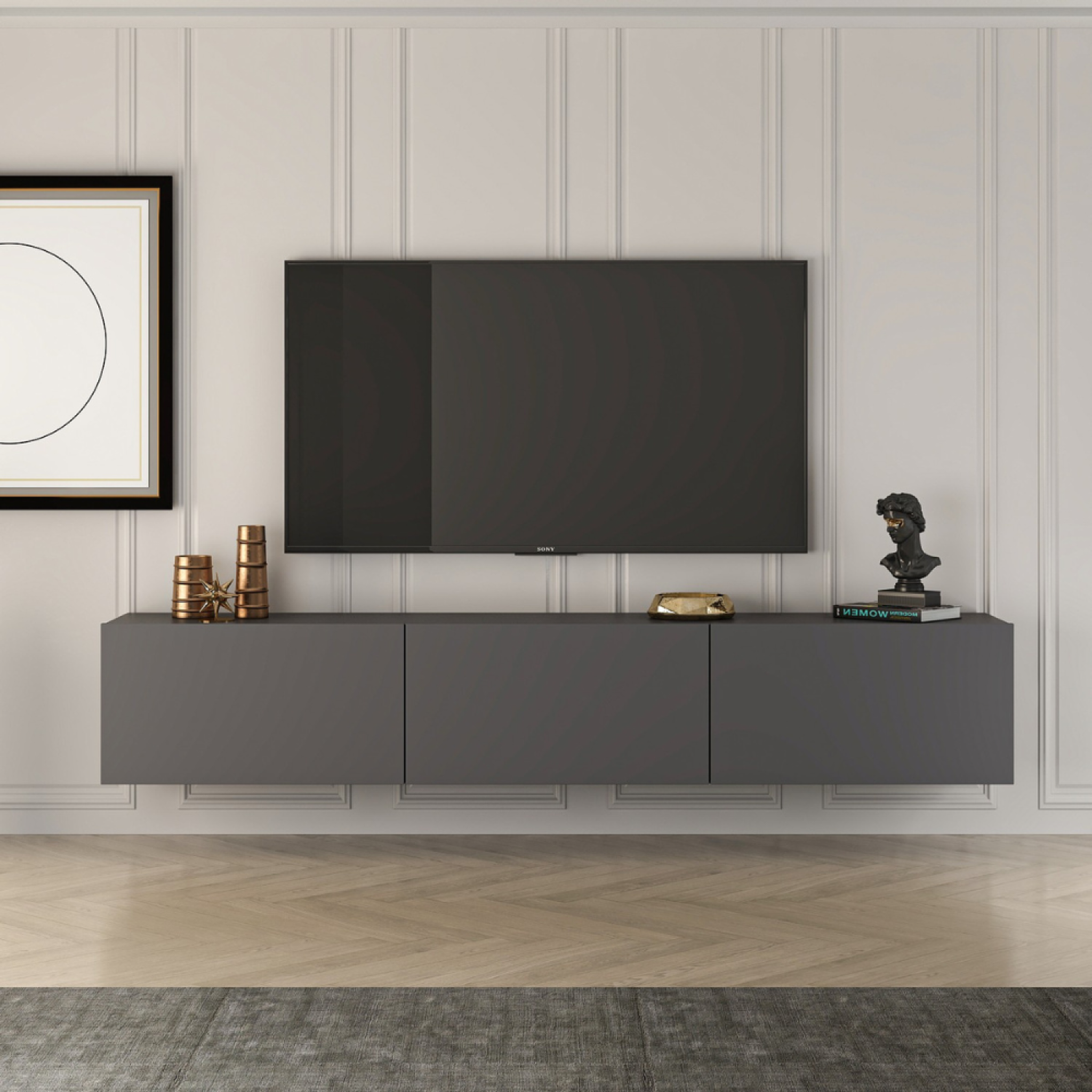 Voir la diapositive 5 : CONCEPT USINE Meuble tv suspendu avec placards 150cm gris anthracite hal