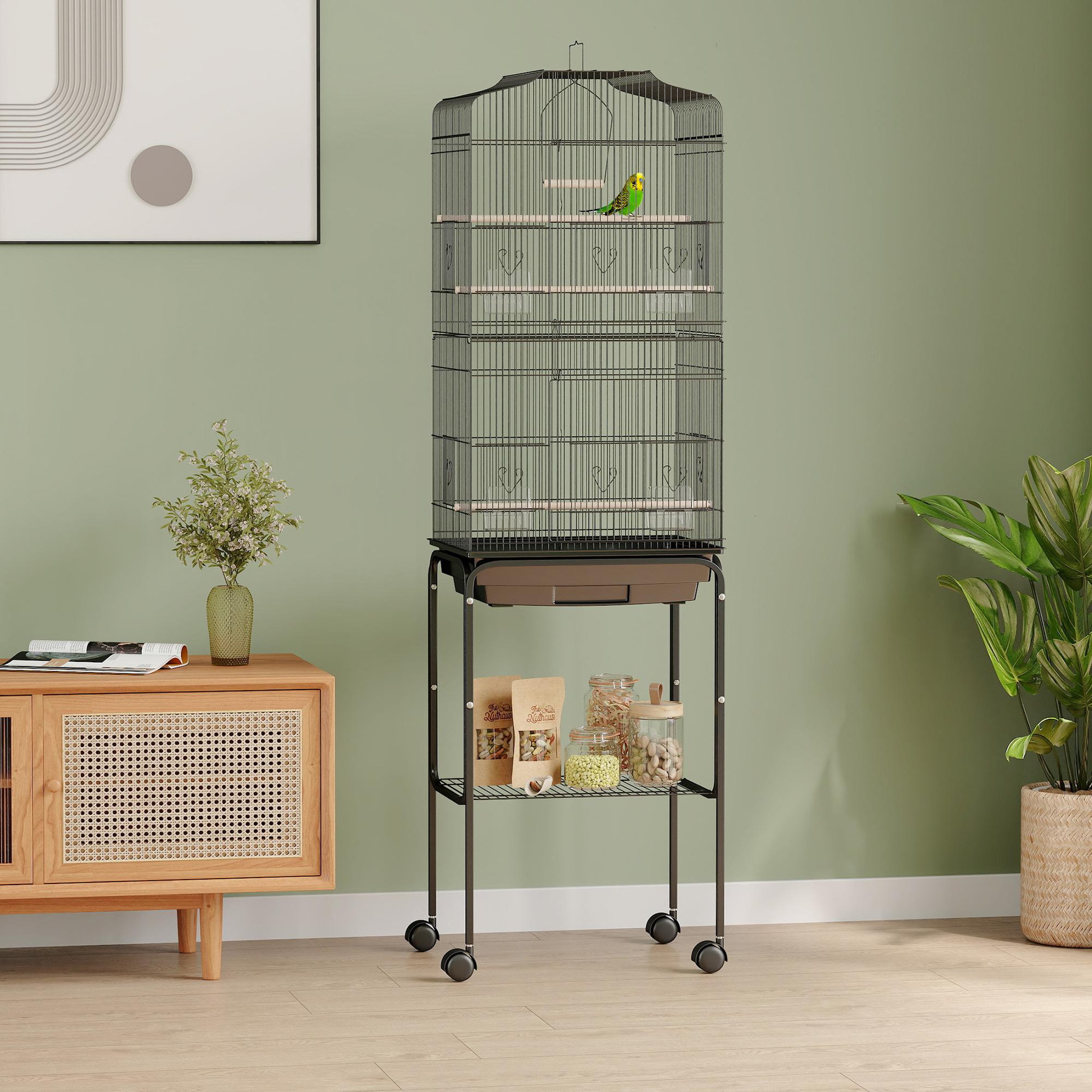 Voir la diapositive 2 : PAWHUT Cage à oiseaux sur pied volière mobile toit ouvrant 3 perchoirs étagère 46 x 36 x 157 cm