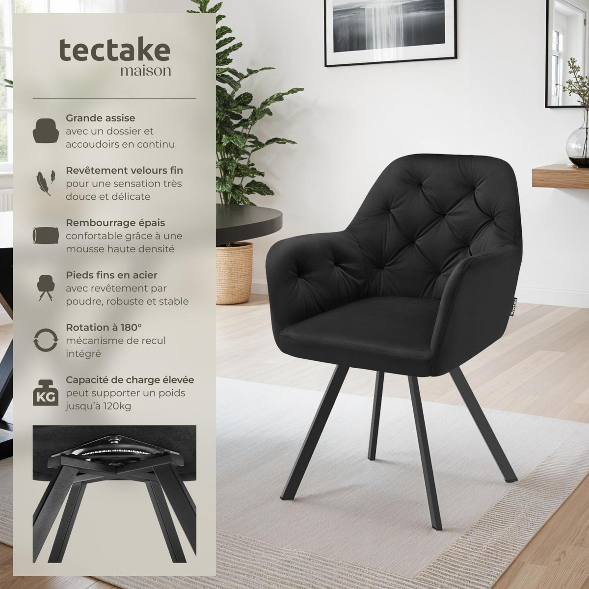 tectake Fauteuil pivotant en velours avec accoudoirs rembourré avec motif matelassé noir Lot de 6