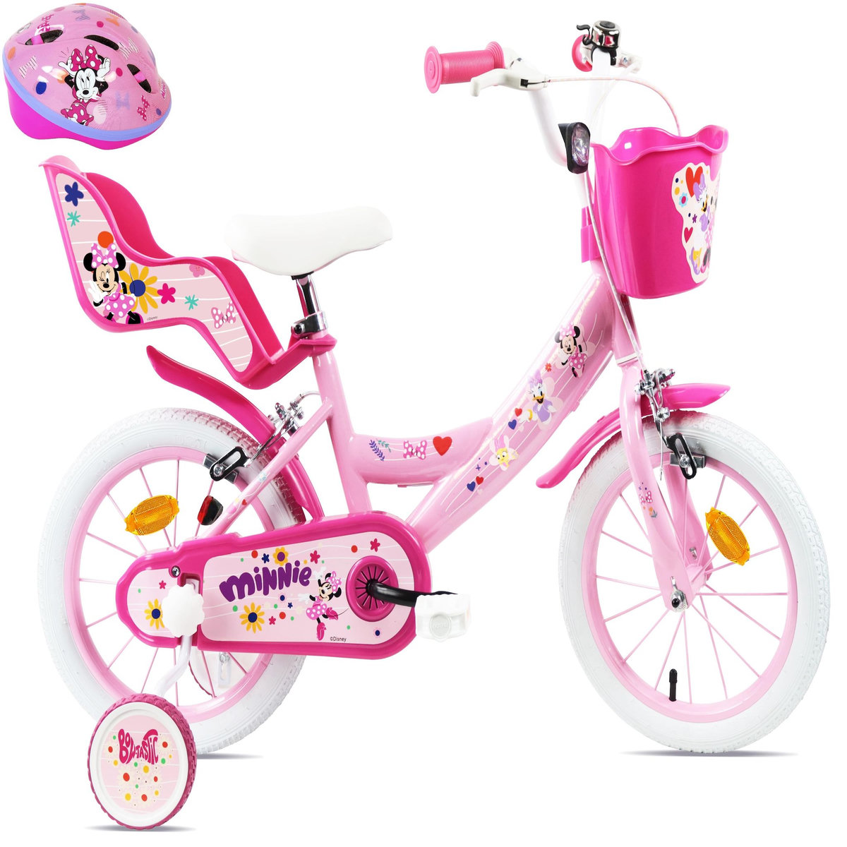 DISNEY Vélo enfants fille 14  Minnie de Disney + Casque pour enfant de 95/110 cm avec stabilisateurs - 2 freins - Panier avant - Porte poupée arrière