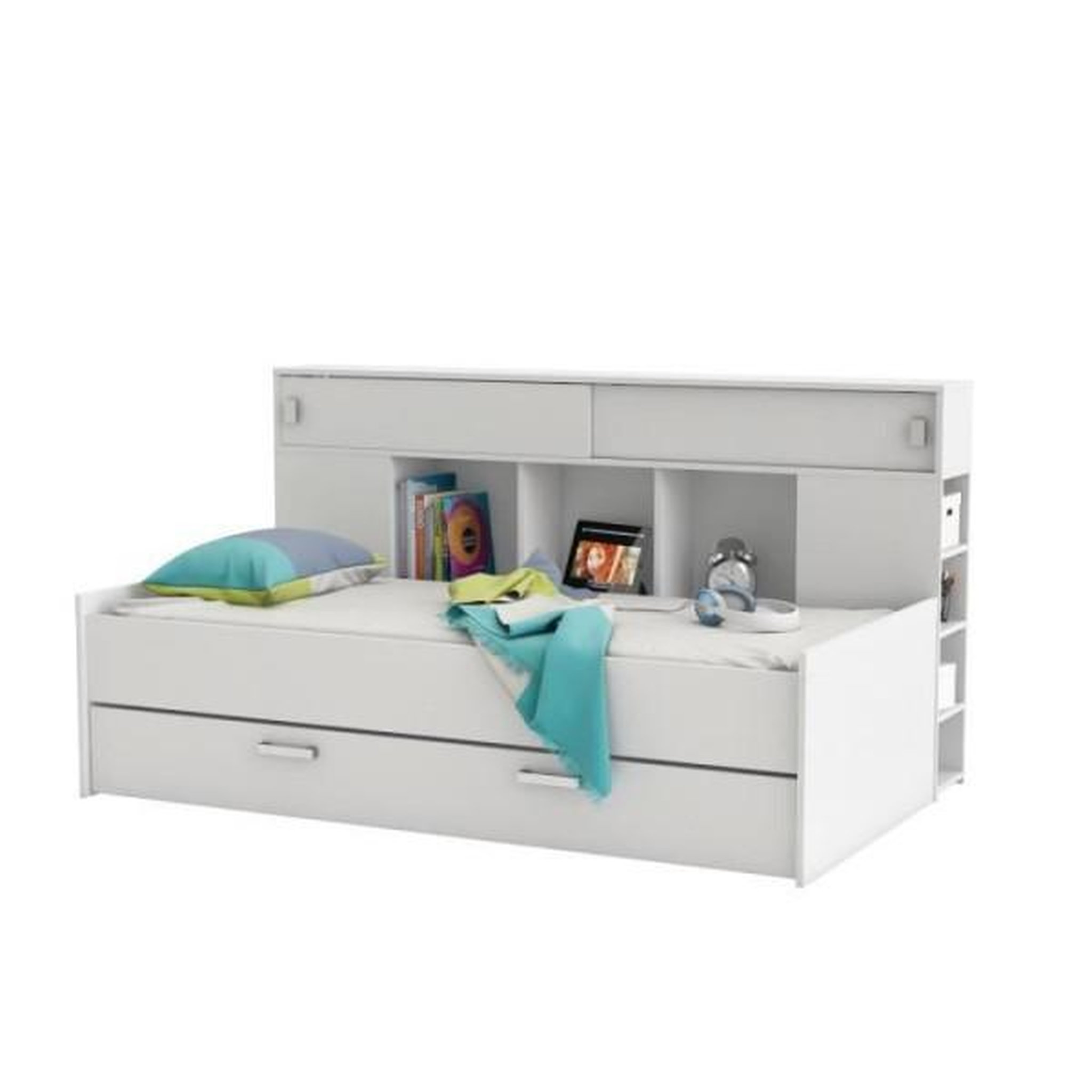 Voir la diapositive 2 : Demeyere DEMEYERE Sherwood Lit gigogne enfant - Contemporain - Tete de lit étageres intégrées - Blanc perle - l 90 x L 200 cm