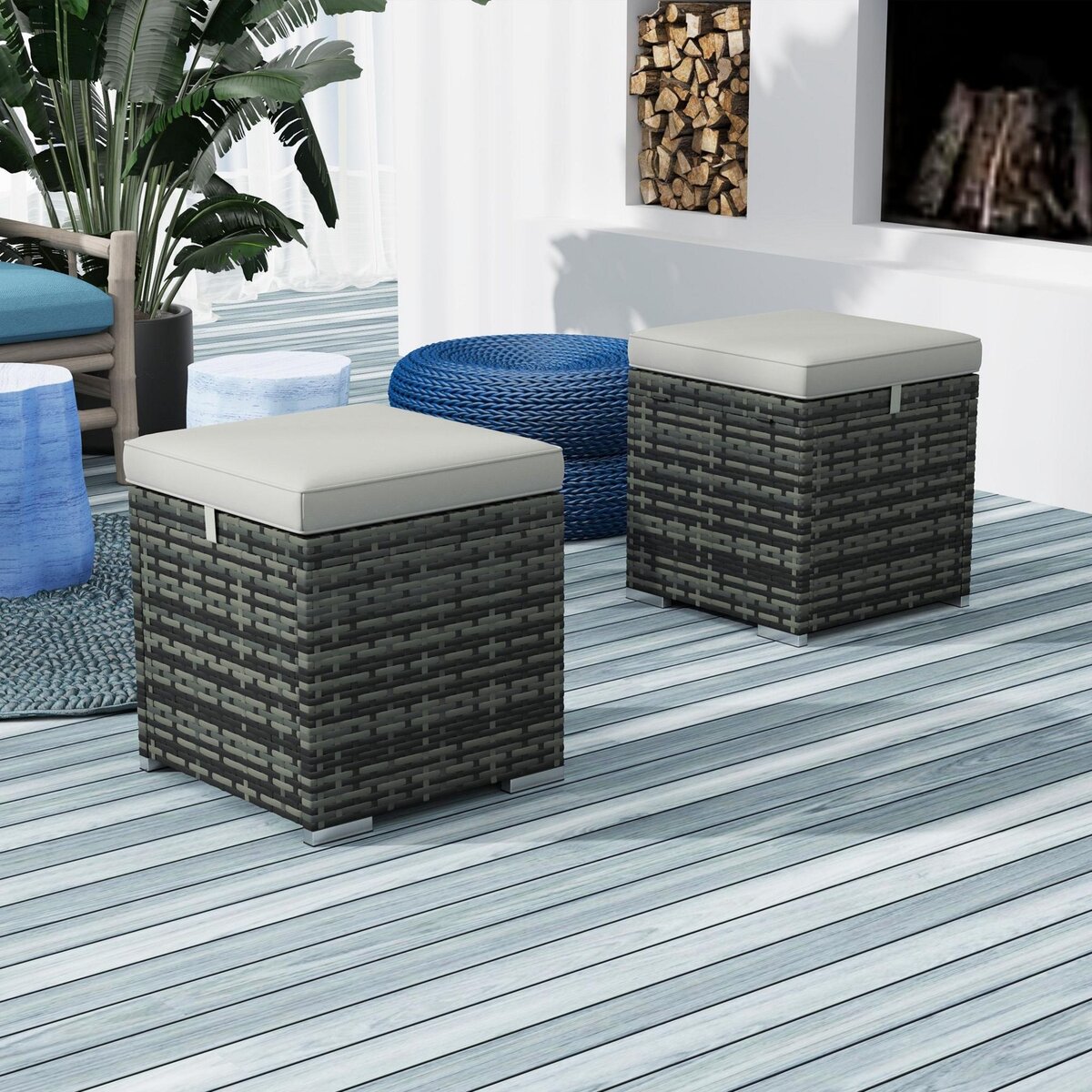 OUTSUNNY Lot de 2 poufs coffres de jardin - coussins zippés déhoussables - résine tressée aspect rotin gris