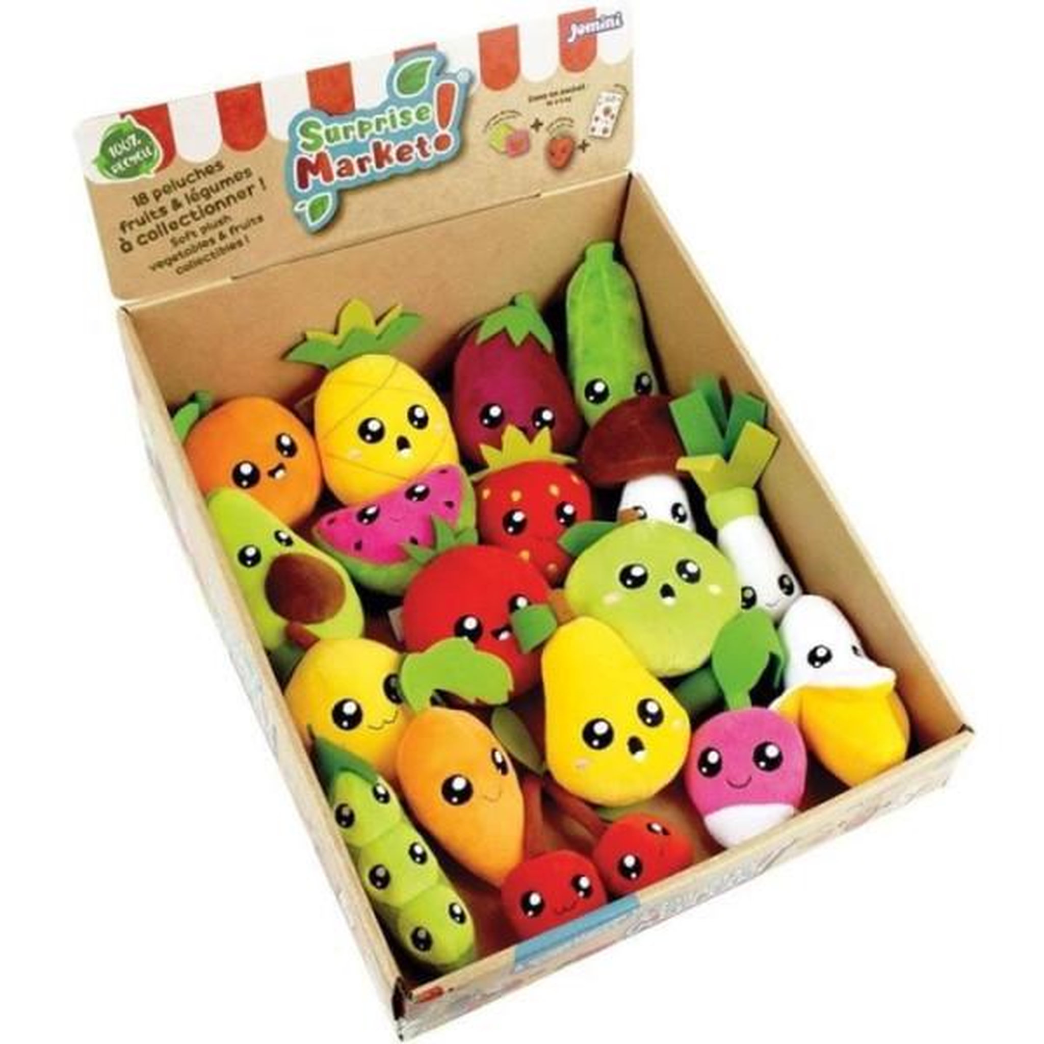 Voir la diapositive 6 : JEMINI Lot de 18 pochettes surprises - JEMINI - Surprise Market - Peluche fruits ou légumes +/- 10 cm, stickers et cartes mémo