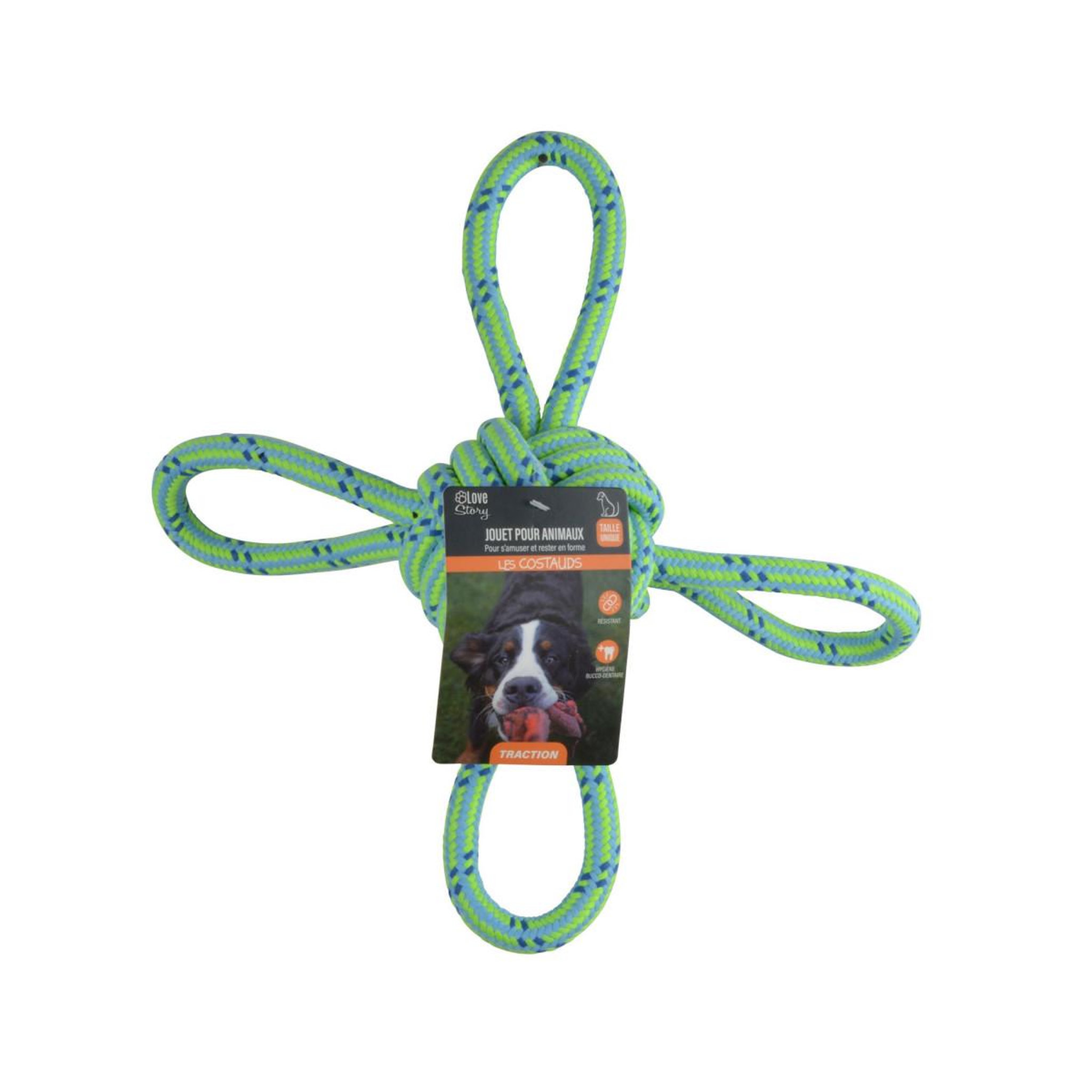 Voir la diapositive 2 : LOVE STORY Jouet pour chien  corde nœud 4 poignées  35cm vert