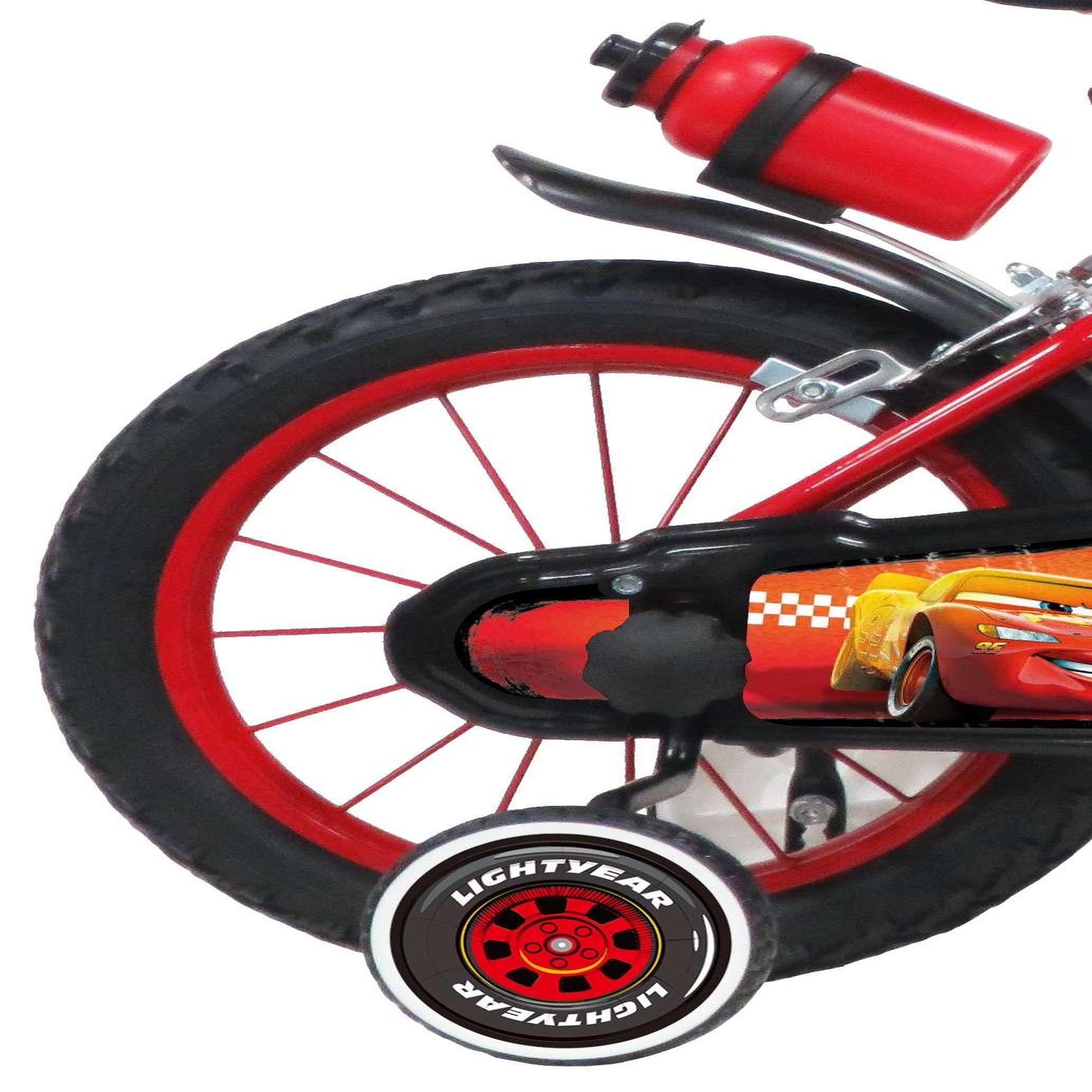 Voir la diapositive 2 : Disney Cars Vélo enfant - Modèle 14'' Cars pour enfant de 95/110 cm avec stabilisateurs - Plaque décorative avant - Porte bidon - 2 freins et pneus gonflables