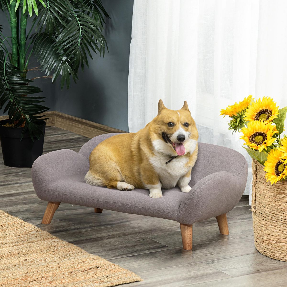 PAWHUT Canapé chien lit pour chien design scandinave déhoussable dim. 72L x 44l x 31H cm pieds bois tissu polyester gris