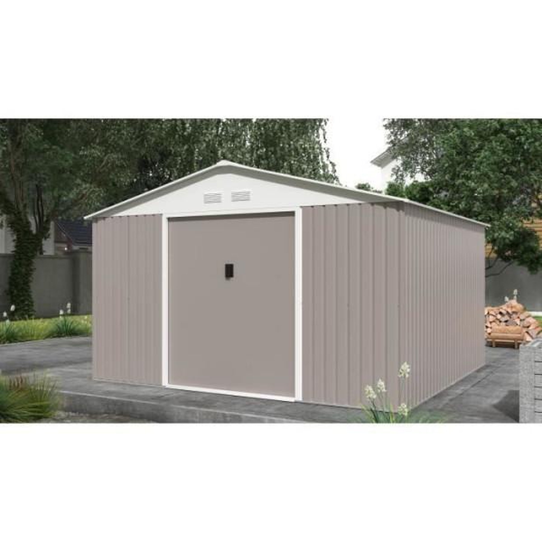 Voir la diapositive 2 : MARKET24 JUPITER Abri de jardin en métal 10,85 m² - 340 x 319 x 210 cm - Kit d'ancrage inclus, 2 portes coulissantes - Taupe