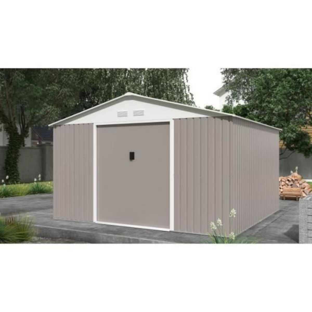 MARKET24 JUPITER Abri de jardin en métal 10,85 m² - 340 x 319 x 210 cm - Kit d'ancrage inclus, 2 portes coulissantes - Taupe