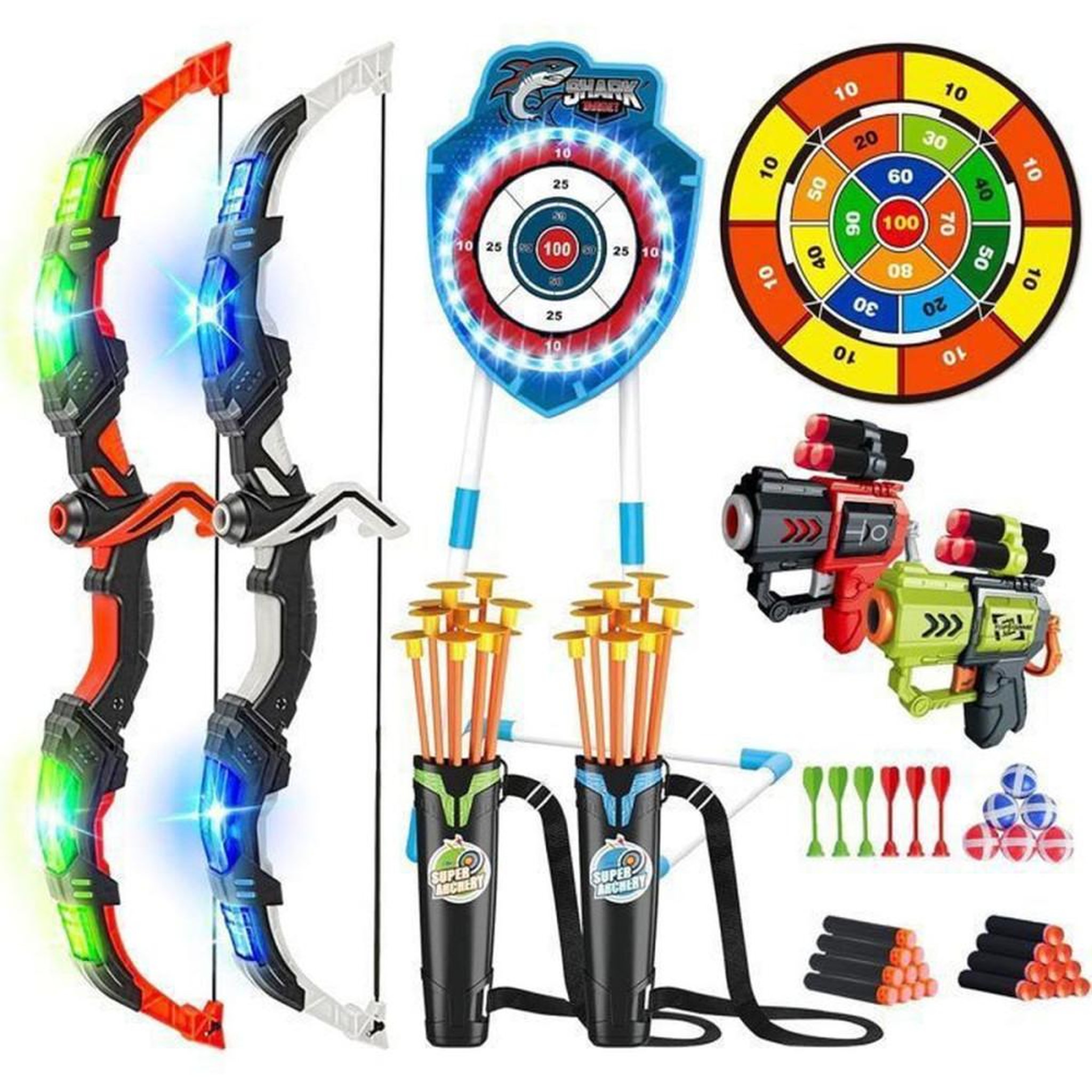 Jeu de tir à l'arc LED 2 joueurs pour enfants 5-12 : arcs lumineux, cible requin phosphorescente, flèches à ventouses et plateau de fléchettes adhésif
