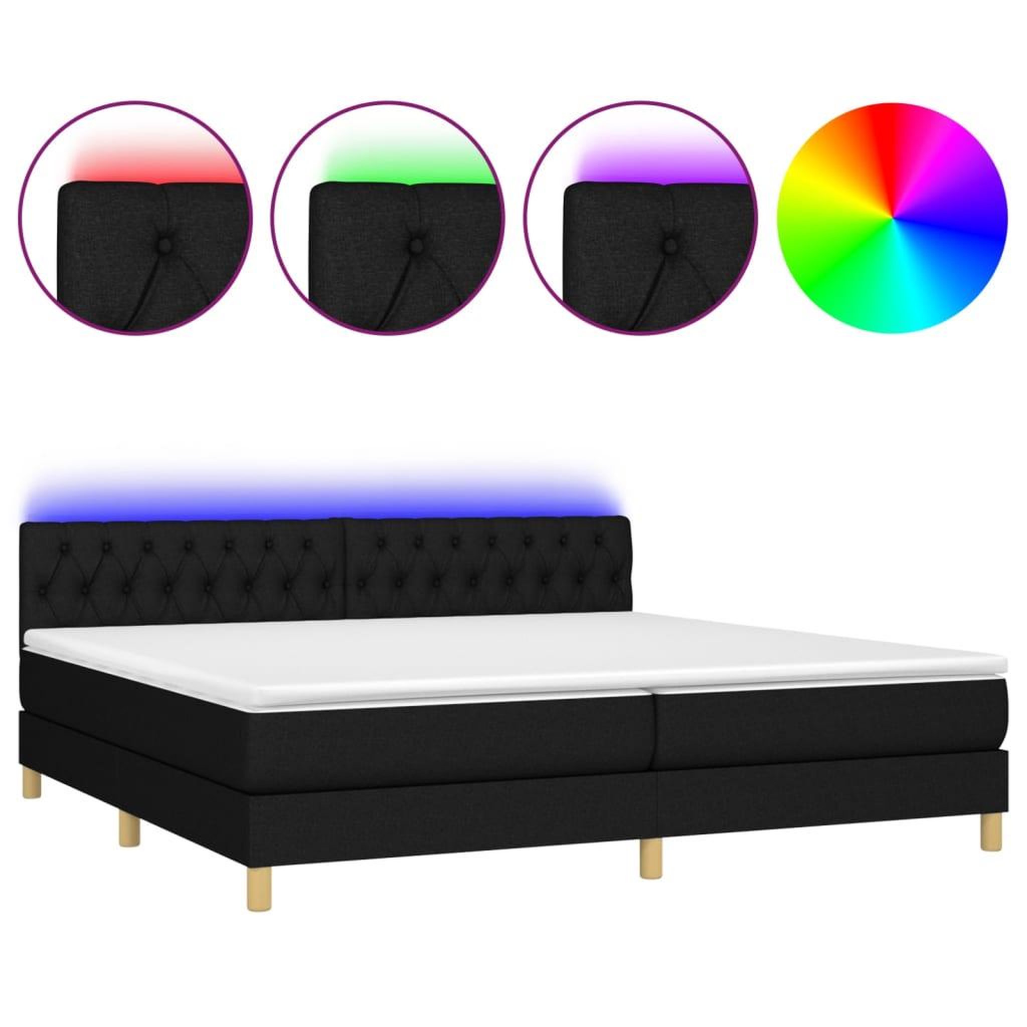 Voir la diapositive 2 : VIDAXL Sommier a lattes de lit et matelas et LED Noir 200x200 cm Tissu
