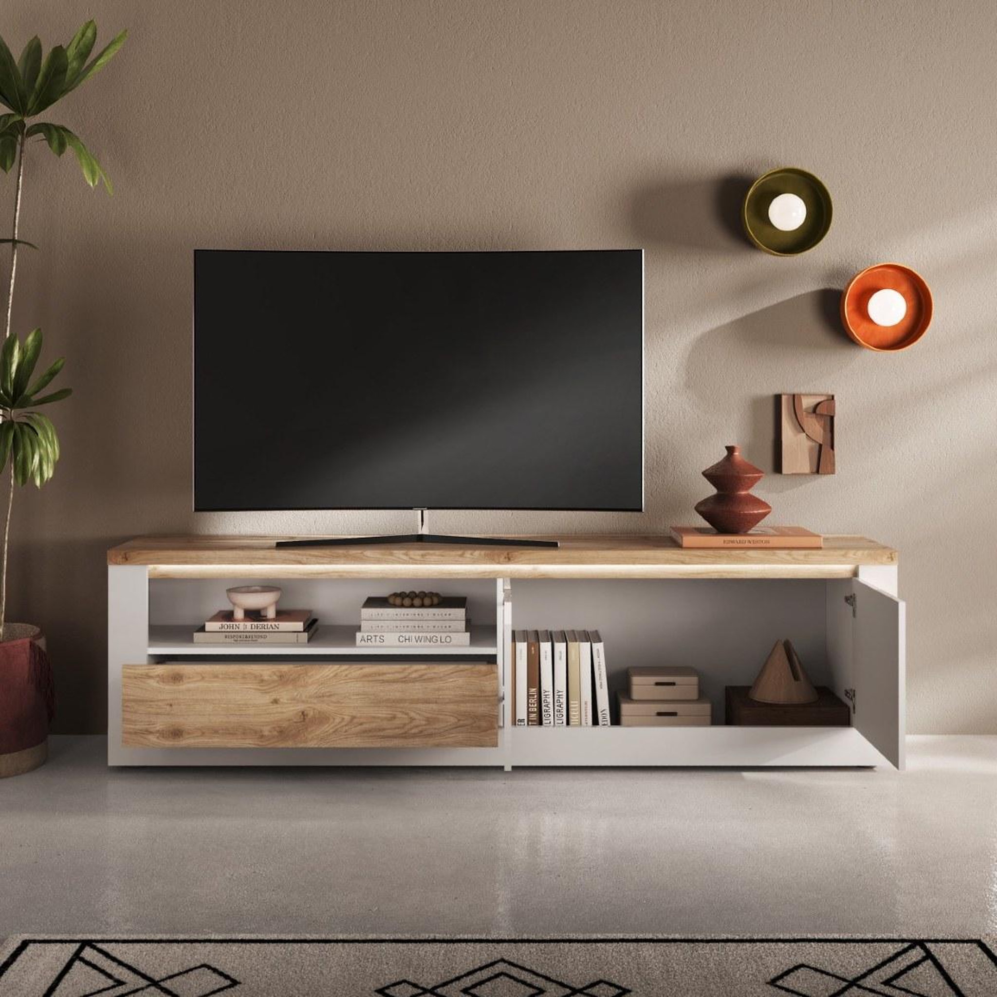 Voir la diapositive 4 : JLC KREATION Meuble tv moderne laqué blanc et bois + led 210cm aria