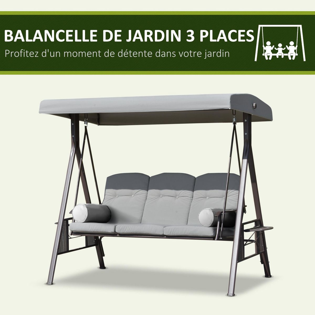 OUTSUNNY Balancelle de jardin 3 places grand confort toit inclinaison réglable coussins plateaux rétractables polyester filé gris