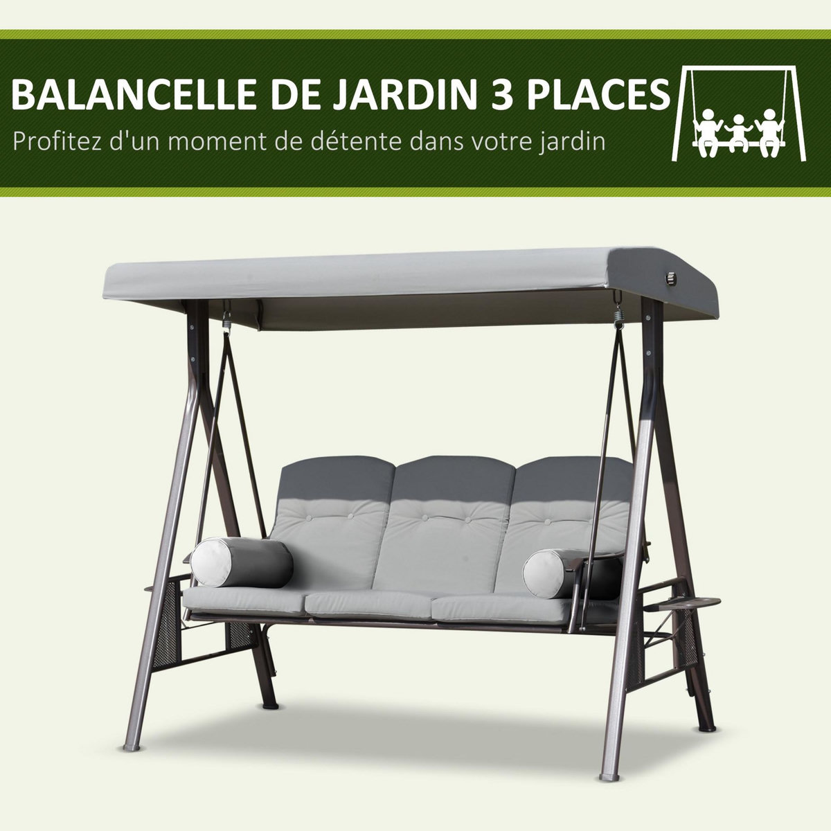 OUTSUNNY Balancelle de jardin 3 places grand confort toit inclinaison réglable coussins plateaux rétractables polyester filé gris