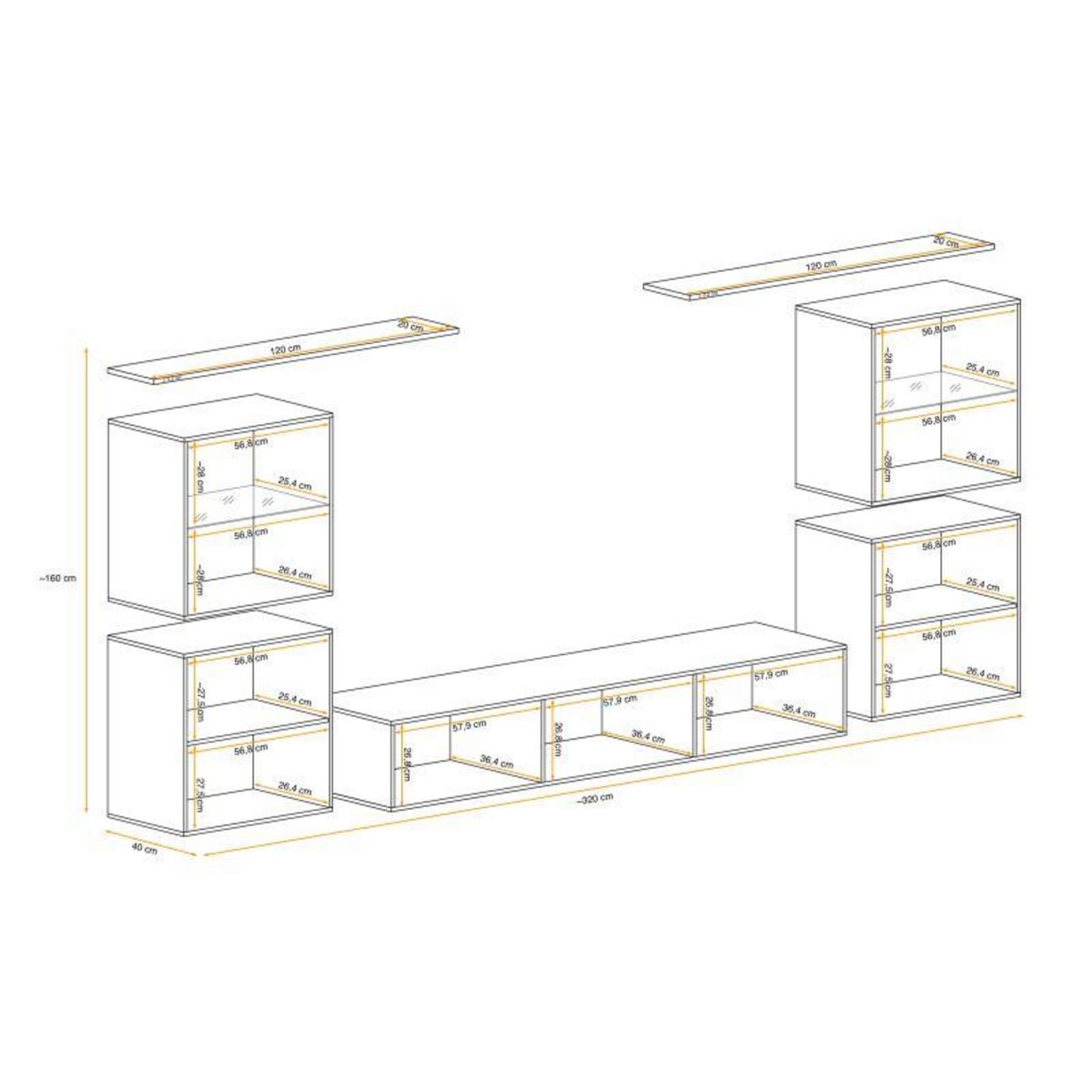 Paris Prix Meuble TV Mural Design  Switch XIV  320cm Blanc & Gris
