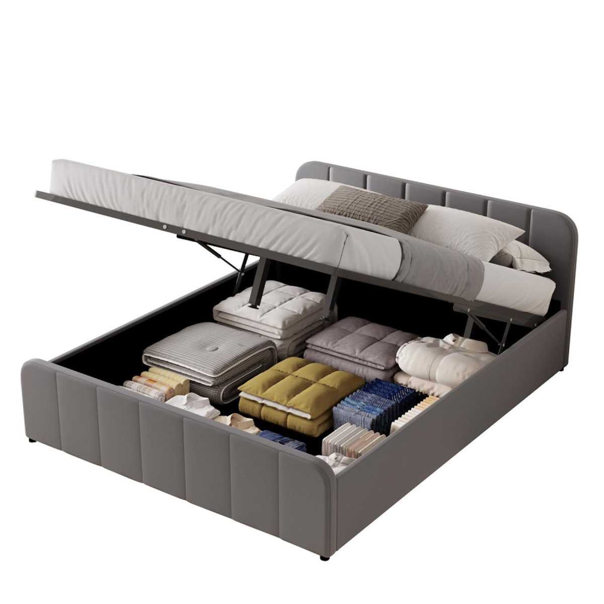 CONCEPT USINE Lit avec coffre de rangement 140x190cm en velours gris TAMPA