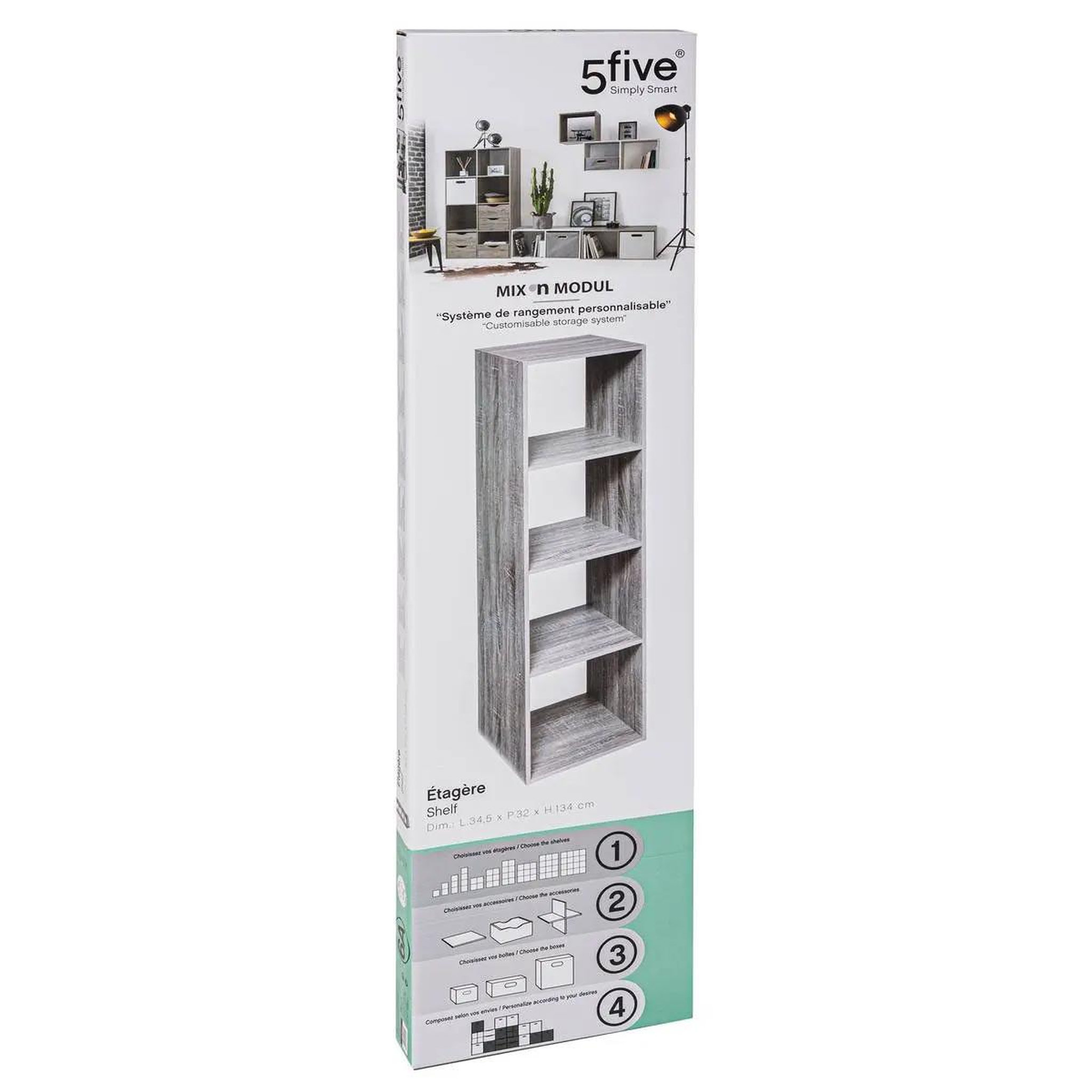 Voir la diapositive 2 : FIVE Étagère 4 cases  mix n'modul  134cm gris