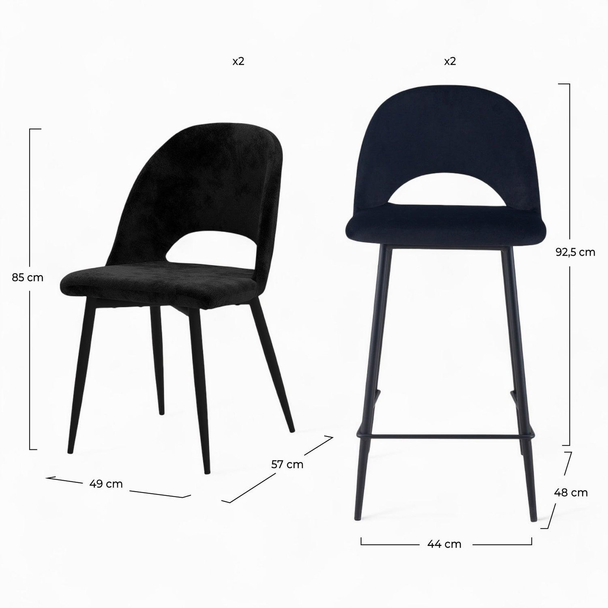 Voir la diapositive 4 : MAISON PAVANE Pack 2 chaises et 2 chaises de bar 65 cm en velours noir-pénélope