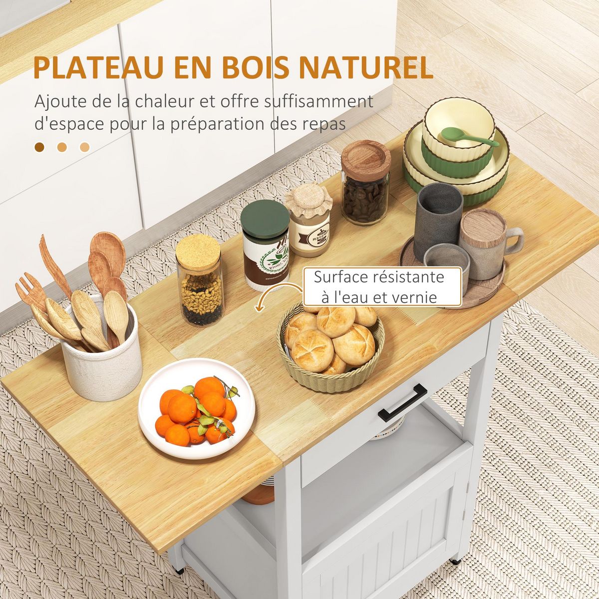 HOMCOM Desserte de cuisine extensible sur roulettes - porte, niche, tiroir - rallonges bois hévéa verni MDF blanc