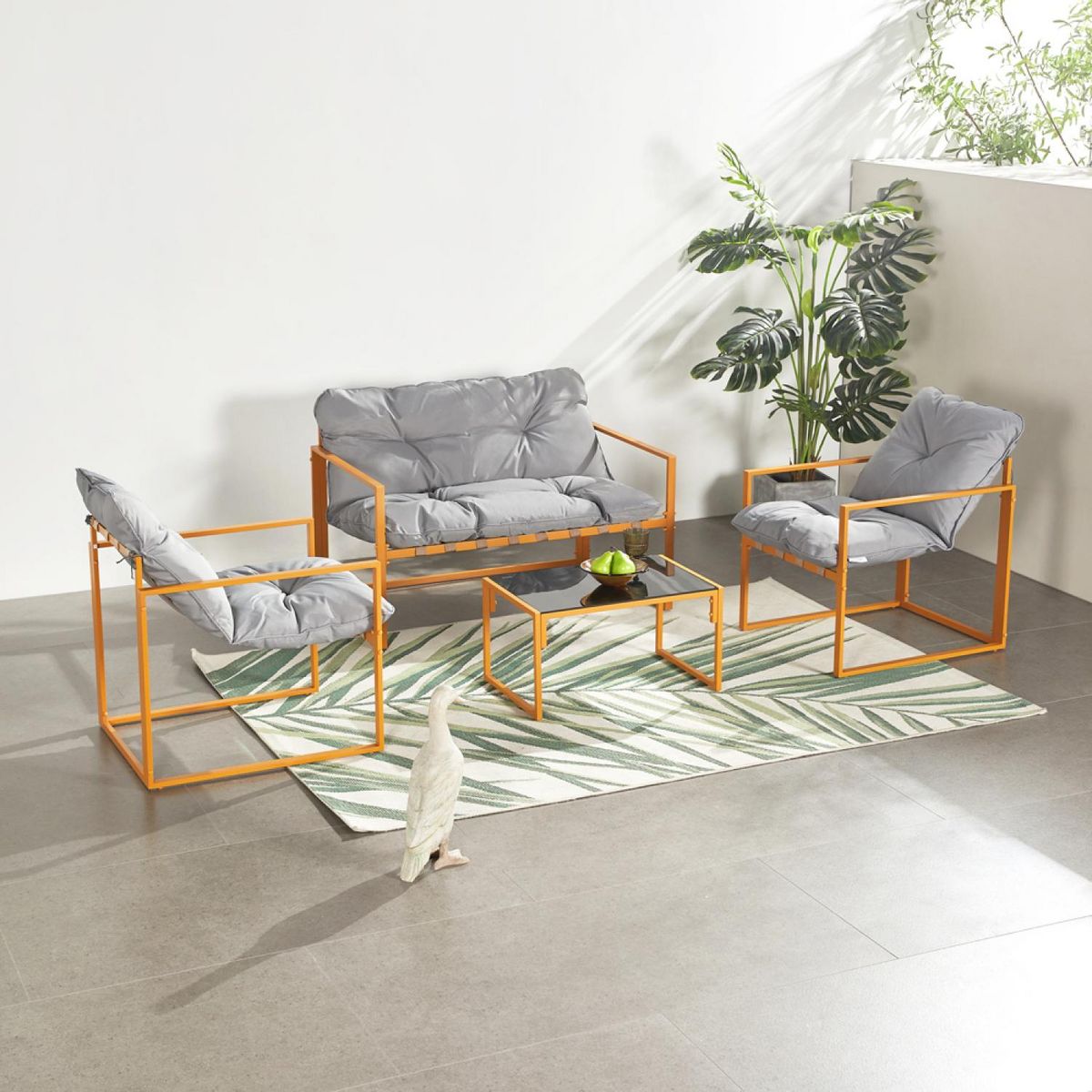 CONCEPT USINE Salon de jardin 4 places contemporain brun et coussins gris RABAT