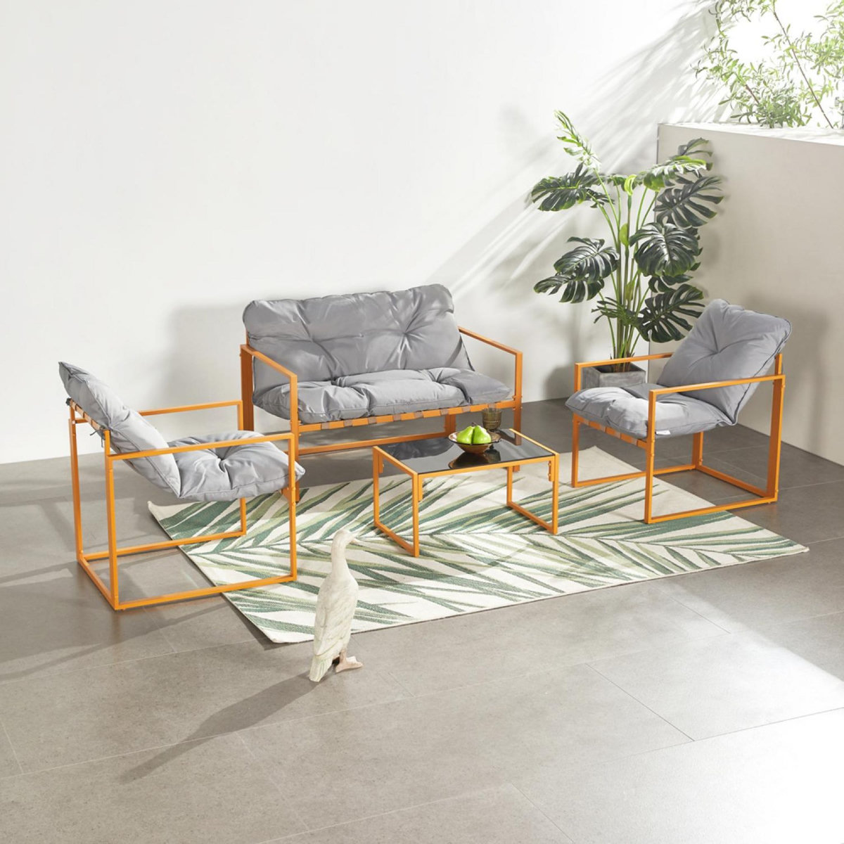 CONCEPT USINE Salon de jardin 4 places contemporain brun et coussins gris RABAT