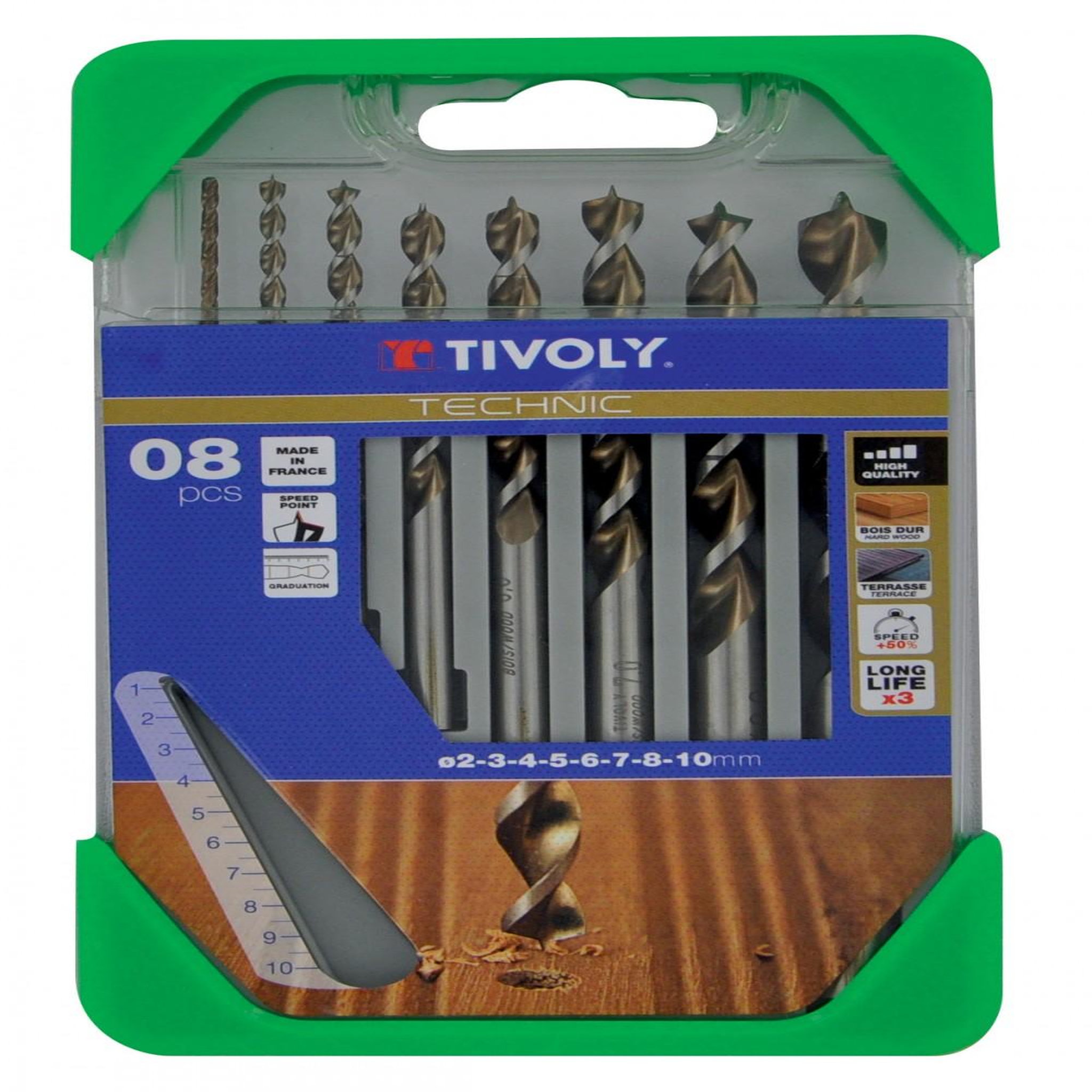 TIVOLY Coffret 8 forets technic bois, Diam.2-3-4-5-6-7-8-10 mm TIVOLY