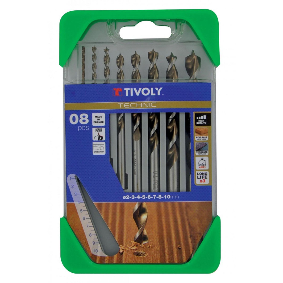 TIVOLY Coffret 8 forets technic bois, Diam.2-3-4-5-6-7-8-10 mm TIVOLY
