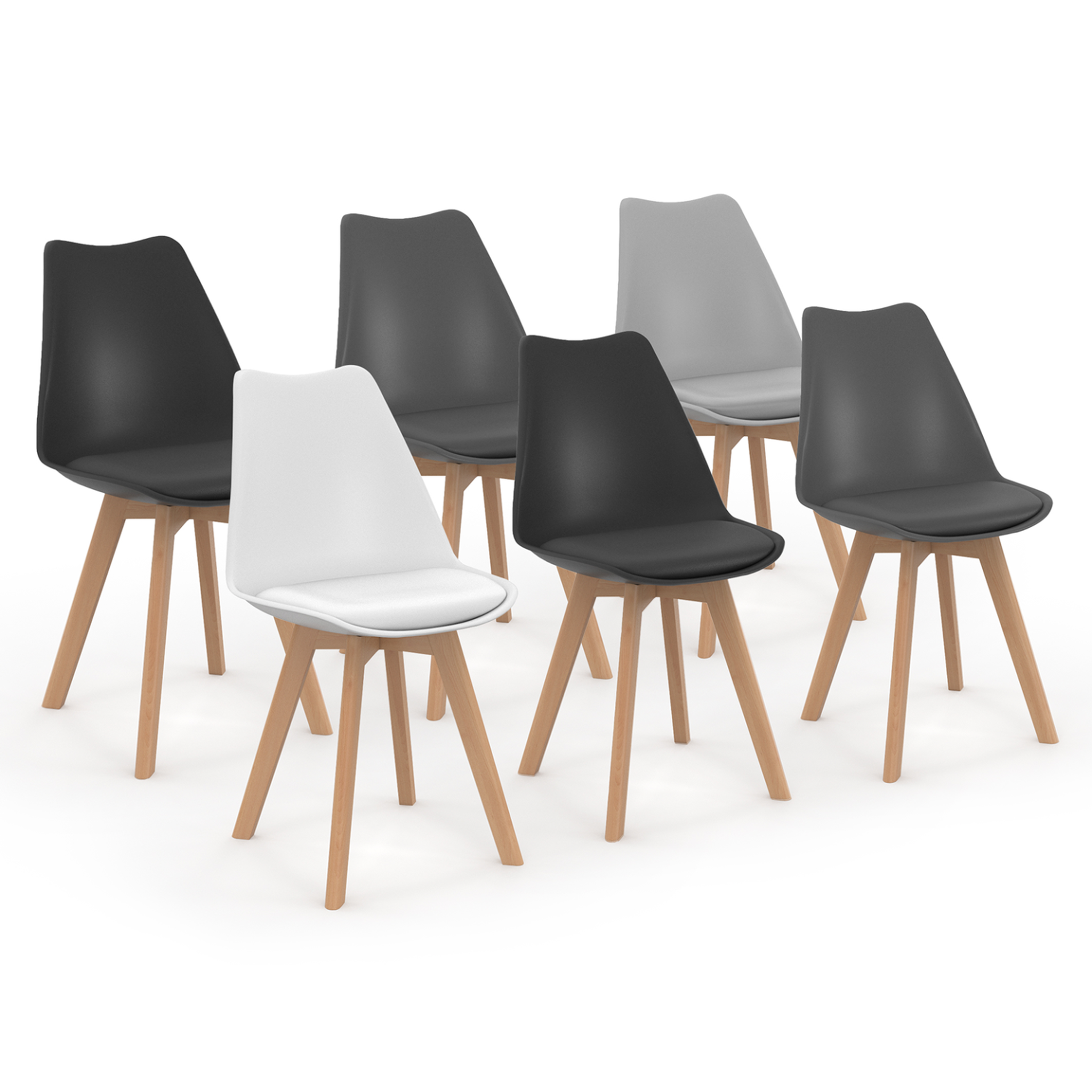 ID MARKET Lot de 6 chaises scandinaves sara mix color gris clair, blanc, gris foncé x2, noir x2