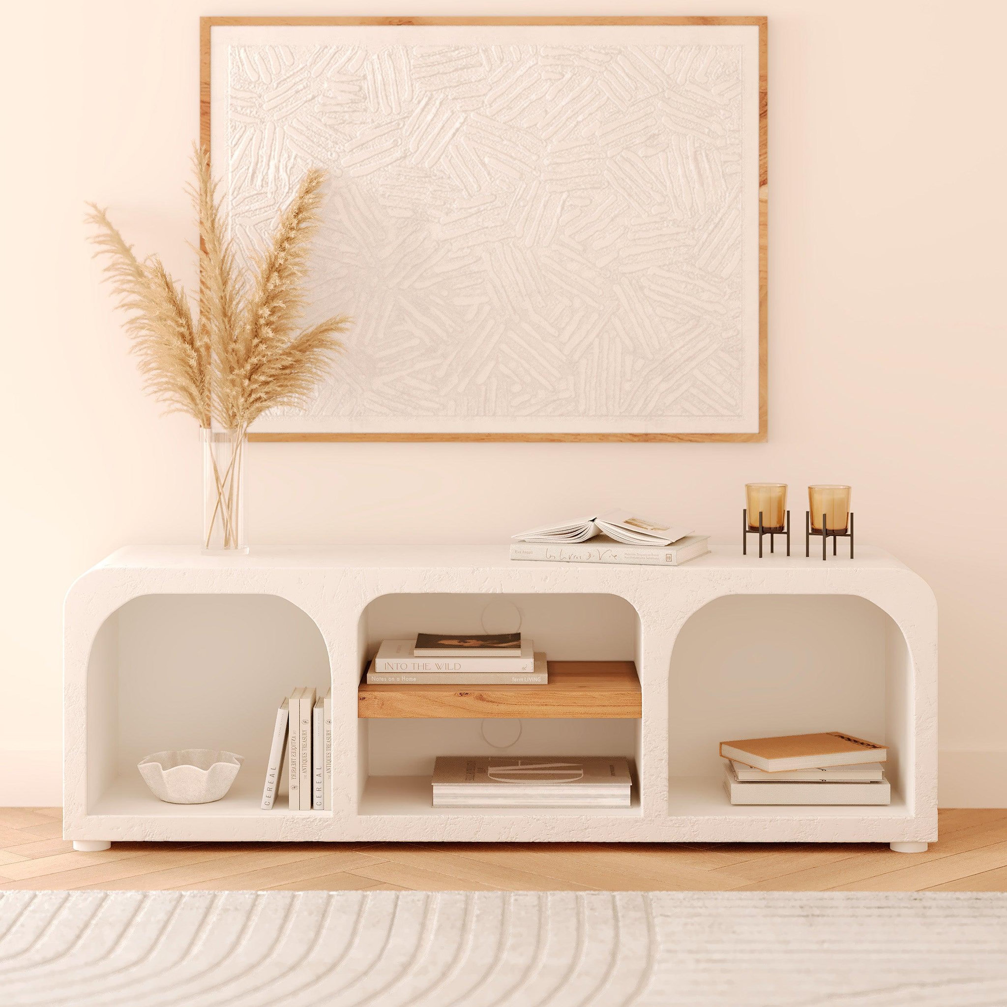Voir la diapositive 2 : MAISON PAVANE Meuble tv en plâtre blanc cassé 140 cm-fira