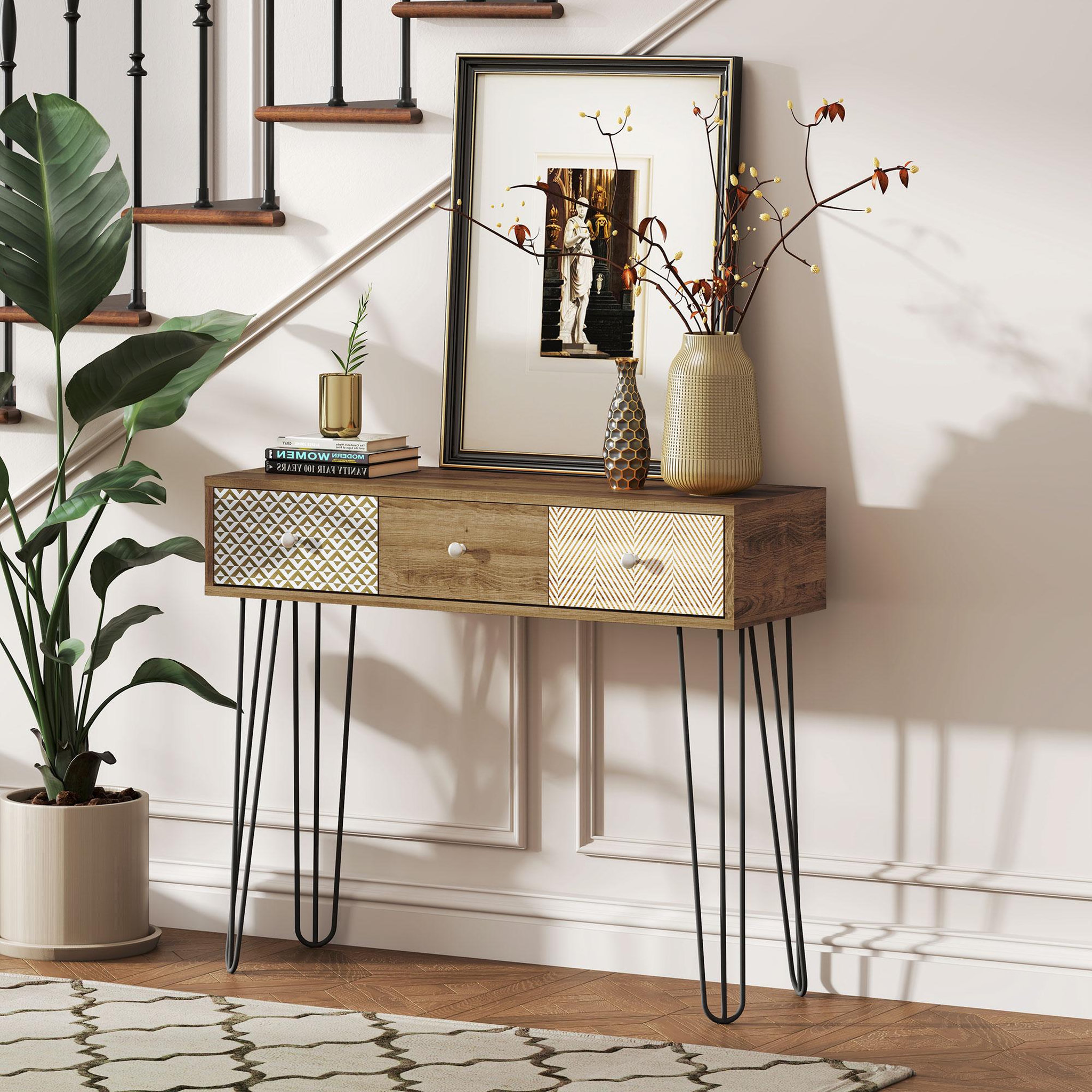 Voir la diapositive 2 : HOMCOM Console style néo-rétro 3 tiroirs graphiques piètement épingle acier noir effet bois