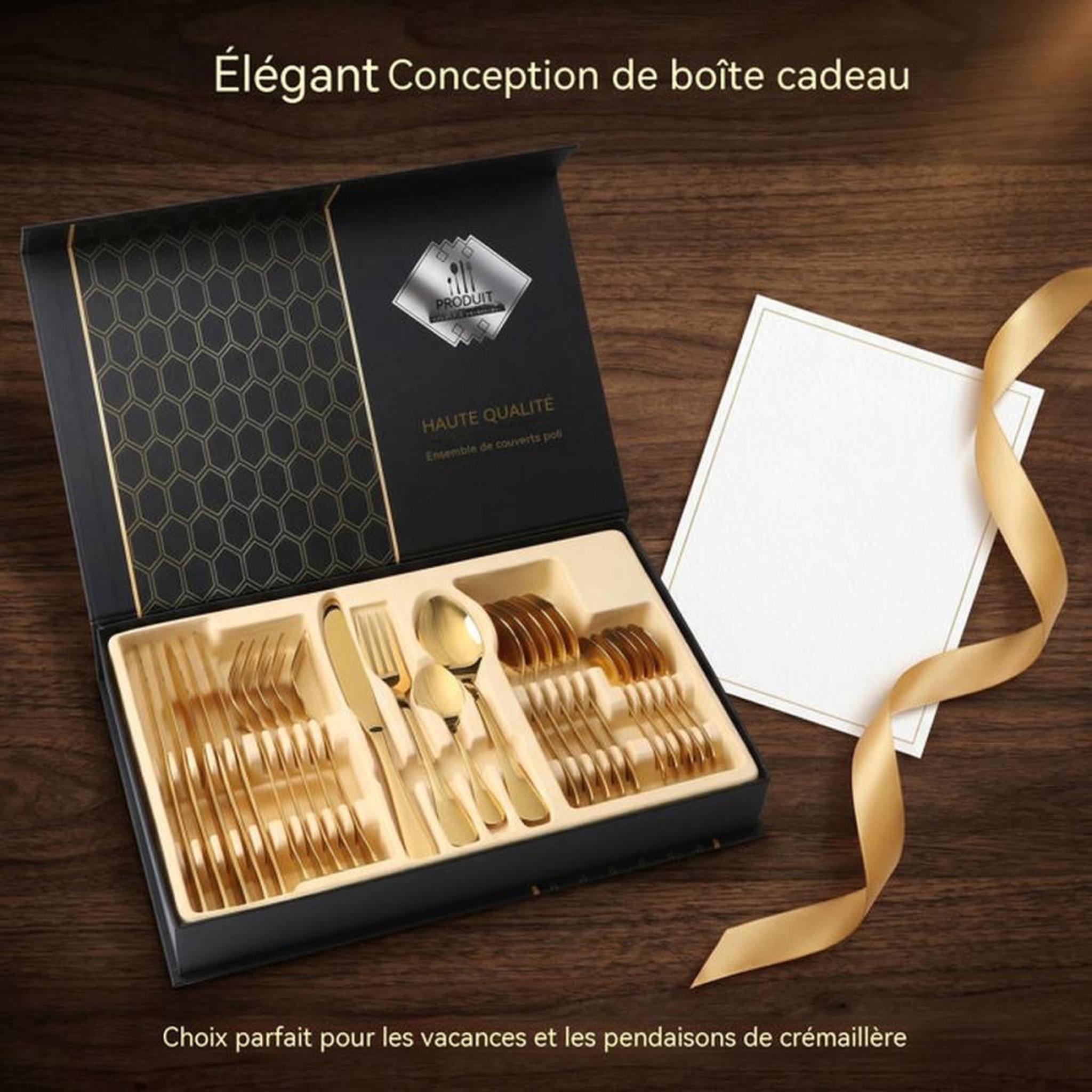 Voir la diapositive 3 : Set de couverts 24 pièces en acier inoxydable 304 finition or brossée, poignées ergonomiques, coffret cadeau pour 6 personnes