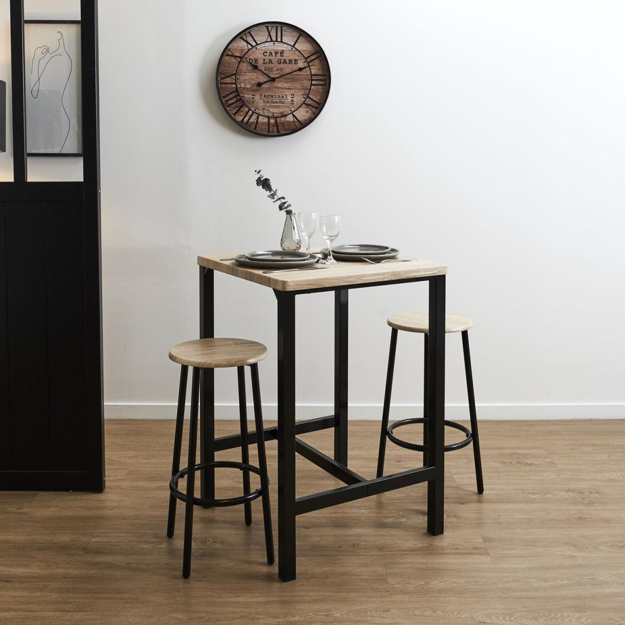 Voir la diapositive 6 : The Home Deco Factory Ensemble table de bar & 2 tabourets  loka  86cm noir