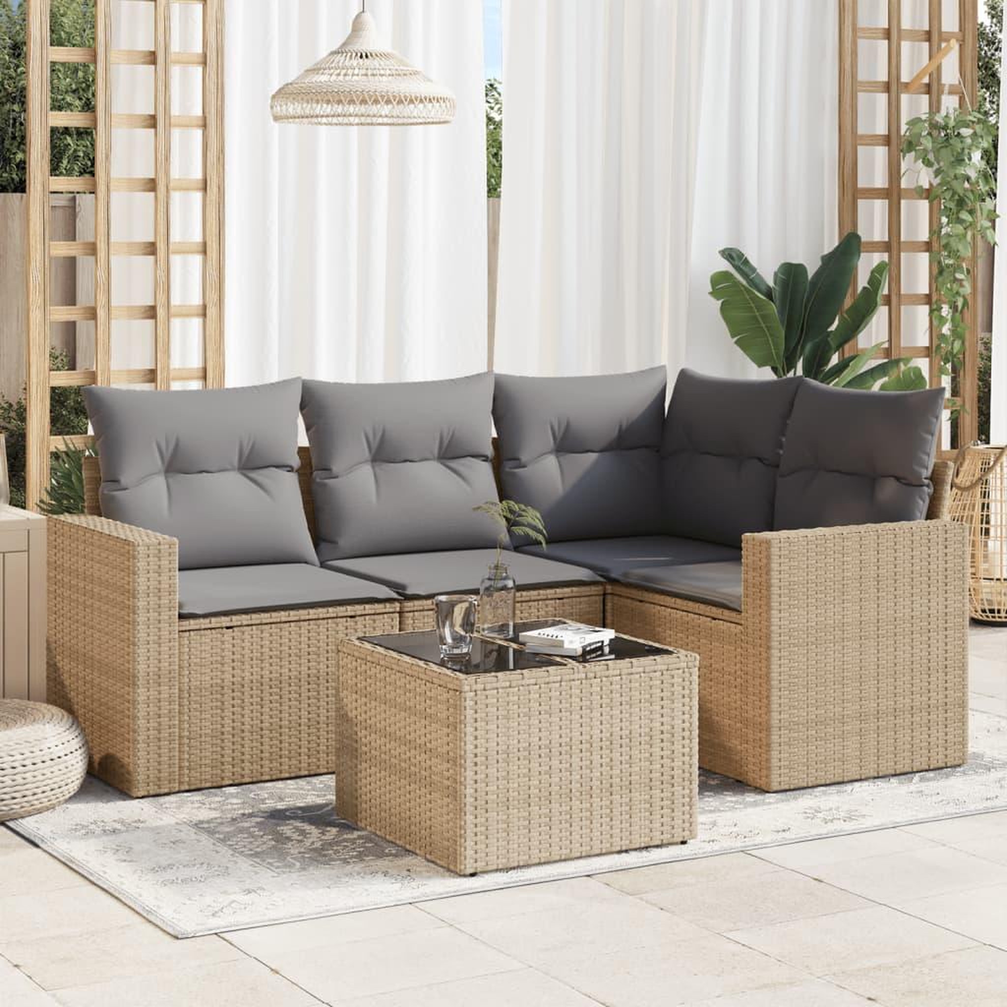 VIDAXL Salon de jardin avec coussins 5 pcs beige resine tressee
